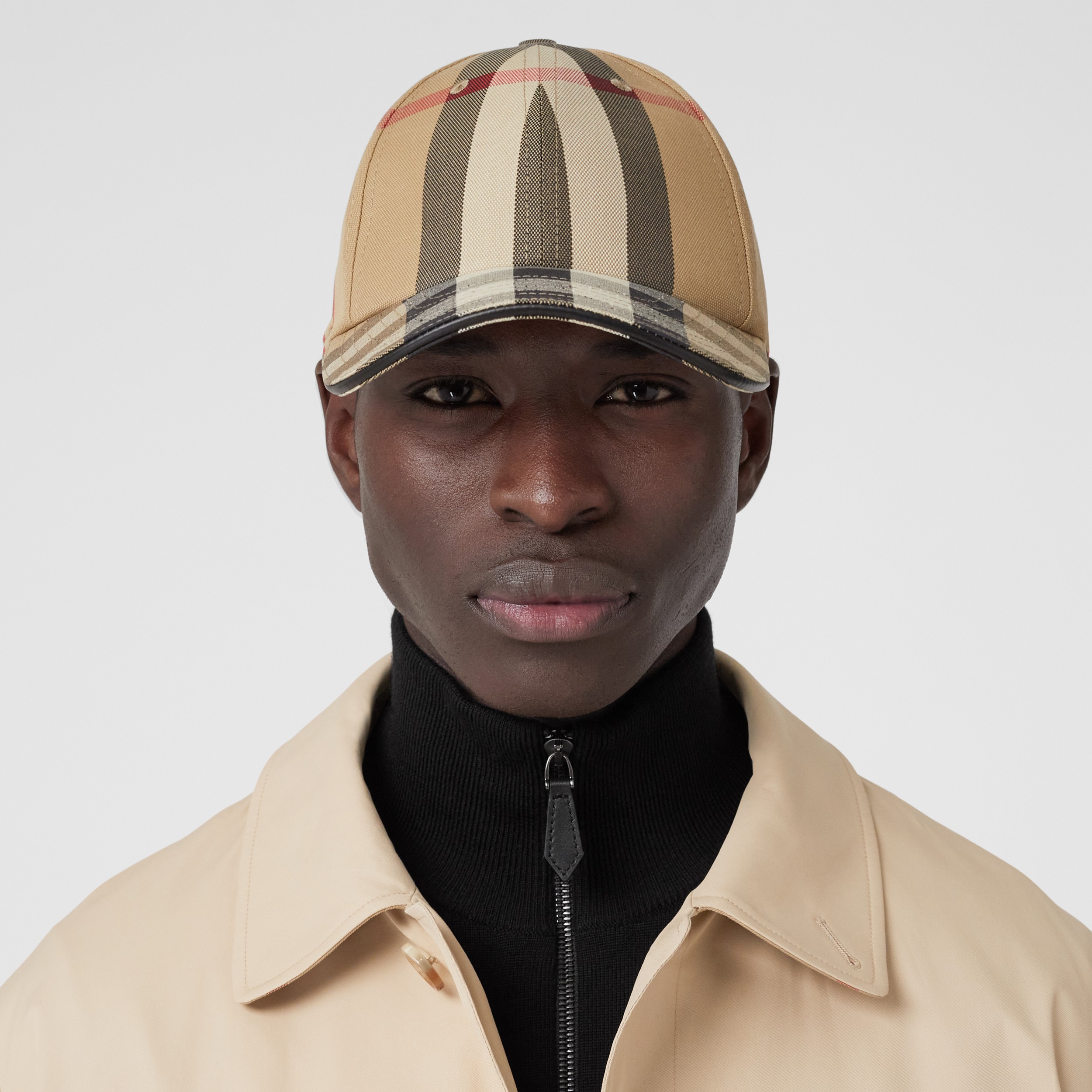 Logo Detail Exaggerated Check Cotton Baseball Cap in Archive Beige | Burberry® Official - 3