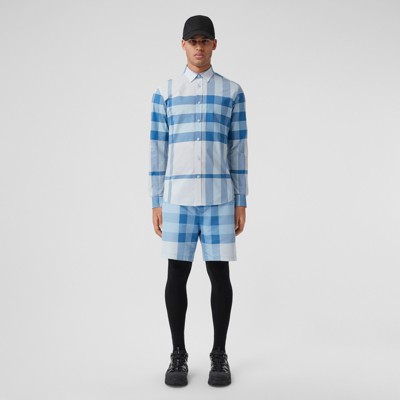 Exaggerated Check Stretch Cotton Poplin Shirt in Sky Blue - Burberry