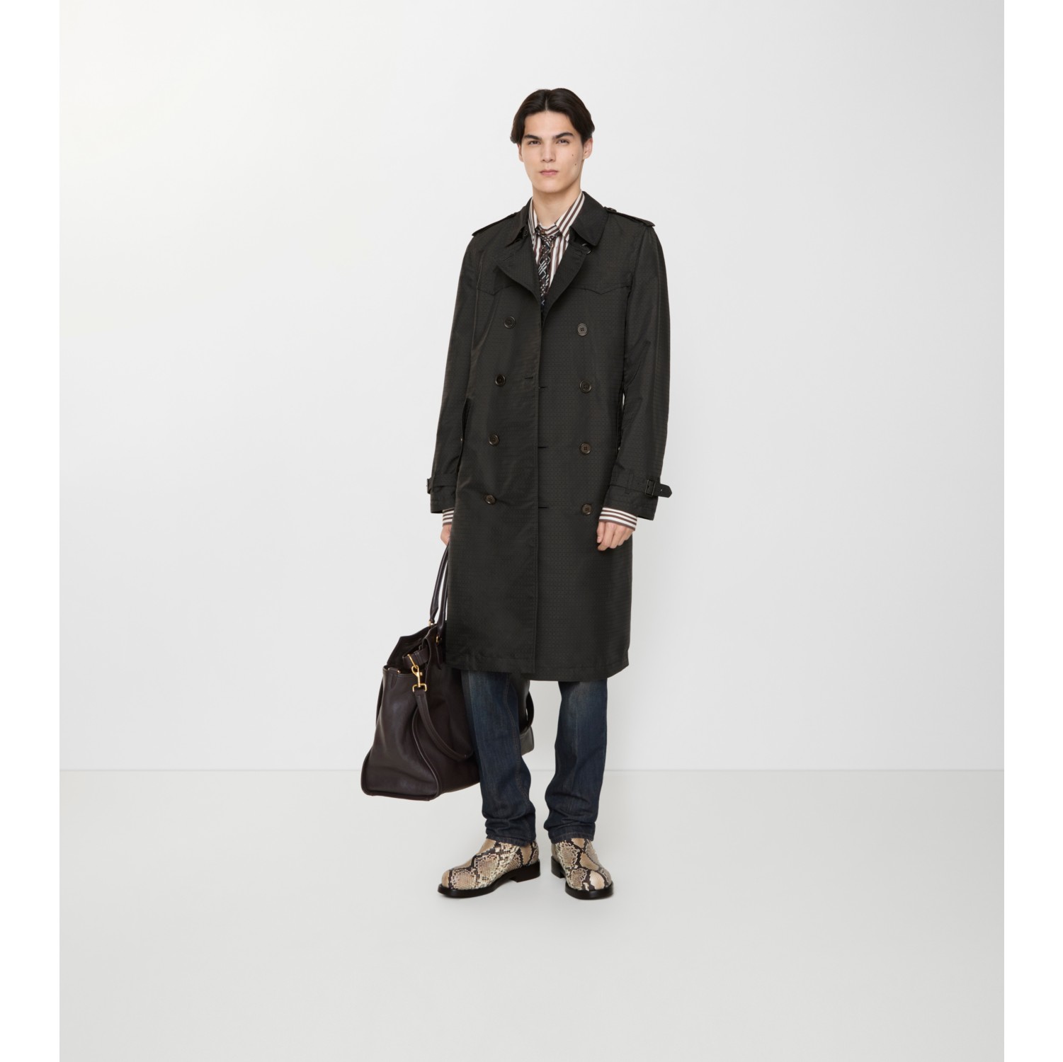 Long Geometric Nylon Blend Foxfield Trench Coat in Black/shade brown - Men | Burberry® Official
