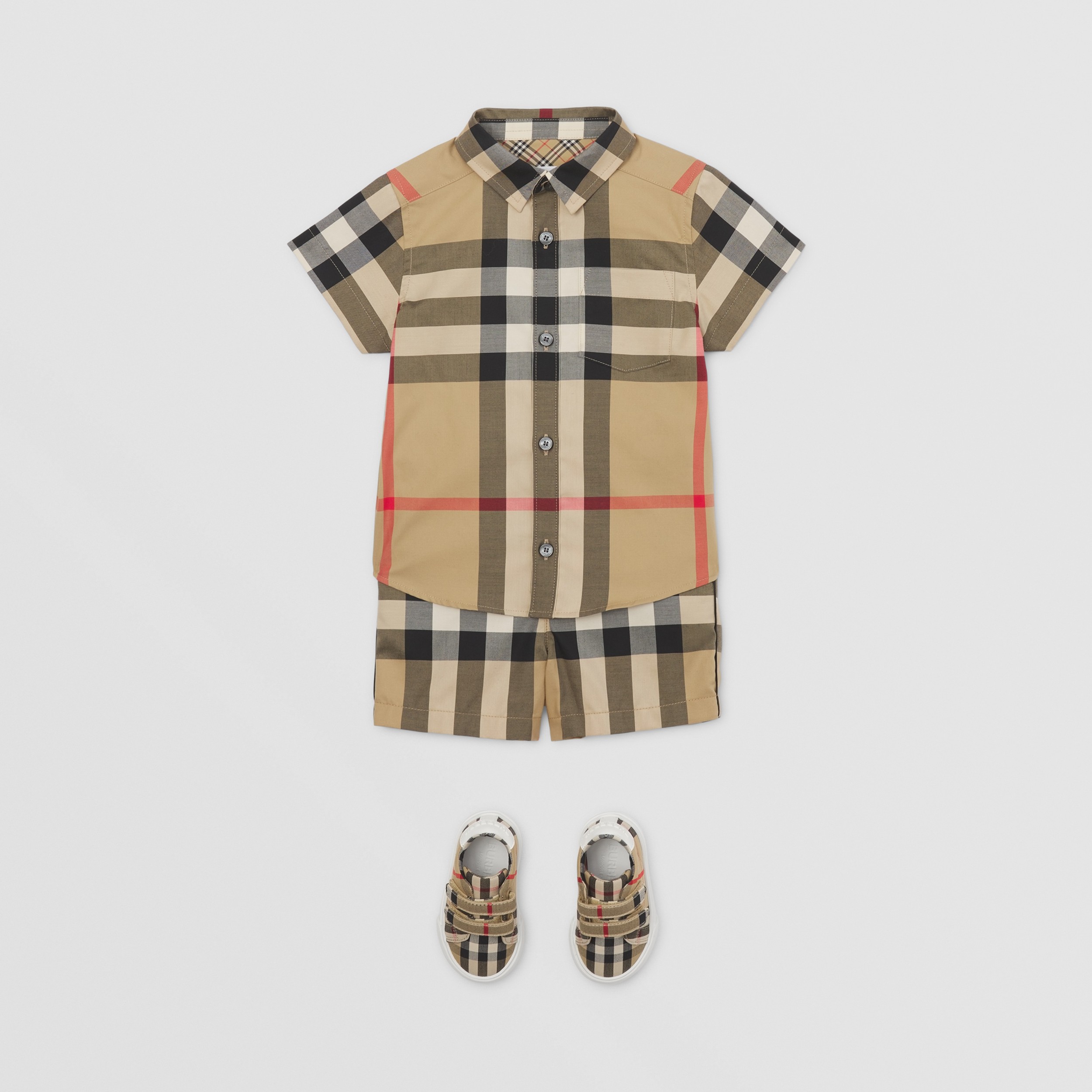 Short-sleeve Check Stretch Cotton Shirt in Archive Beige - Children | Burberry® Official - 3