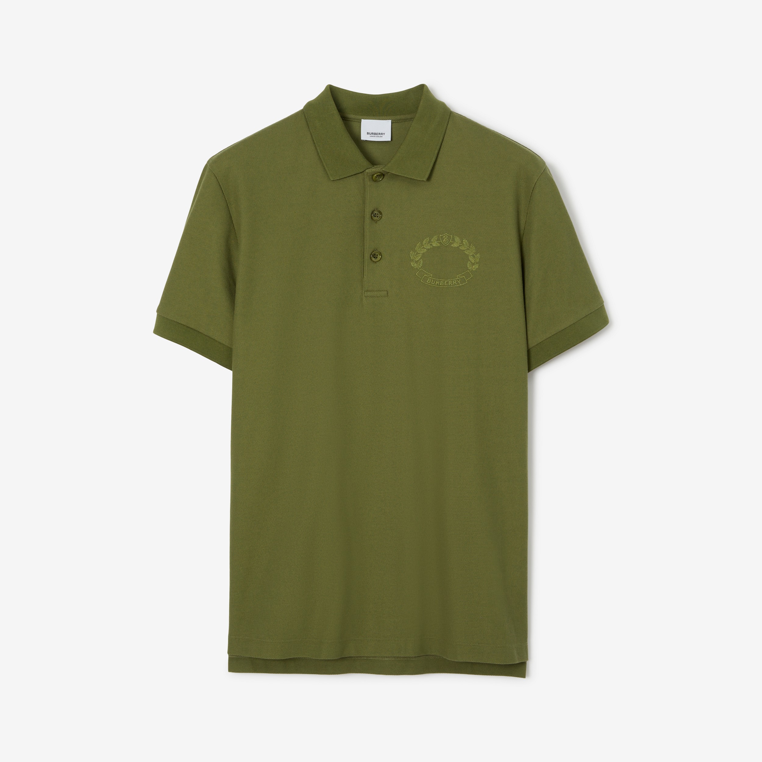 Embroidered Oak Leaf Crest Cotton Piqué Polo Shirt in Spruce Green - Men | Burberry® Official - 1