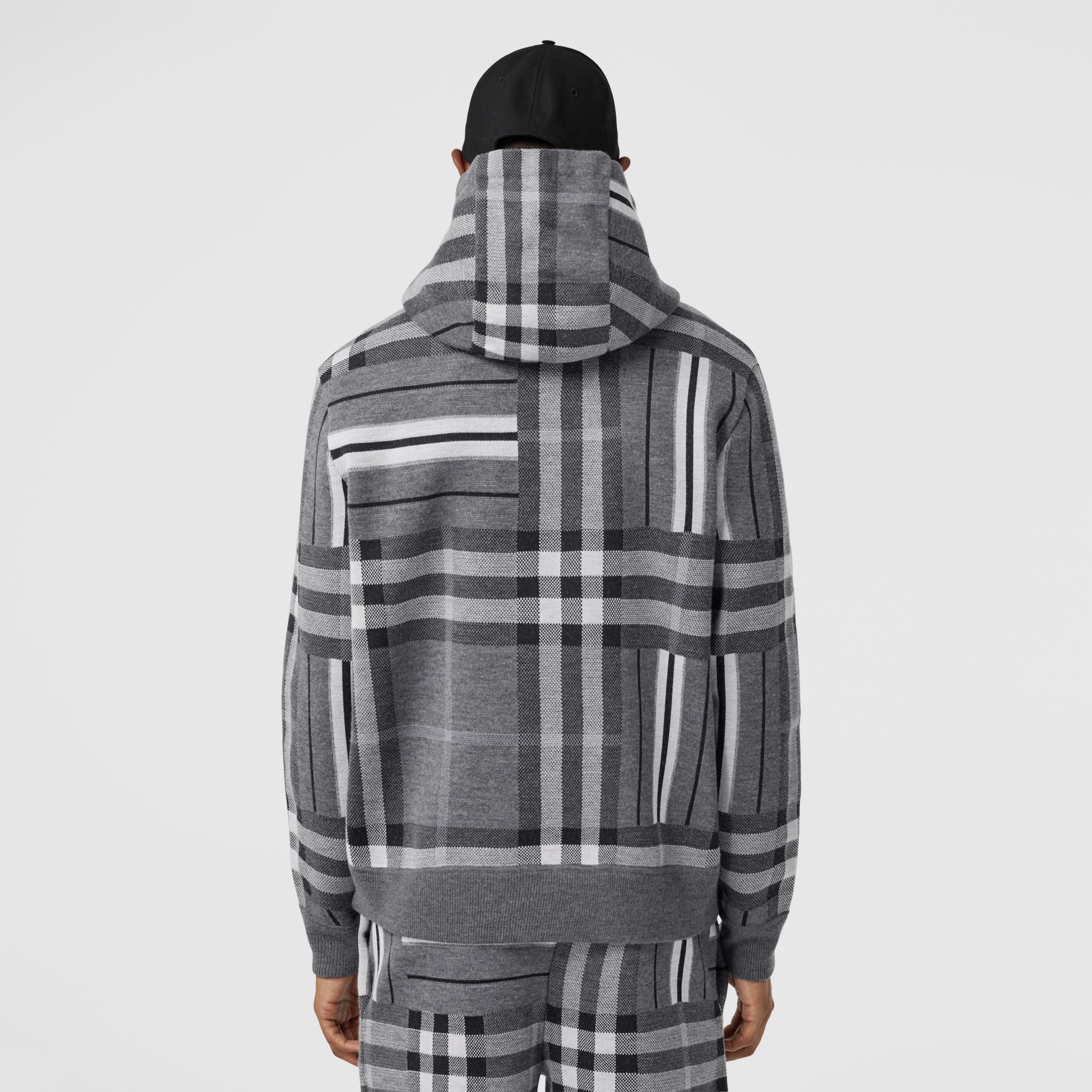 格纹拼条纹提花羊毛混纺连帽衫 (深麻灰) - 男士 | Burberry® 博柏利官网 - 3