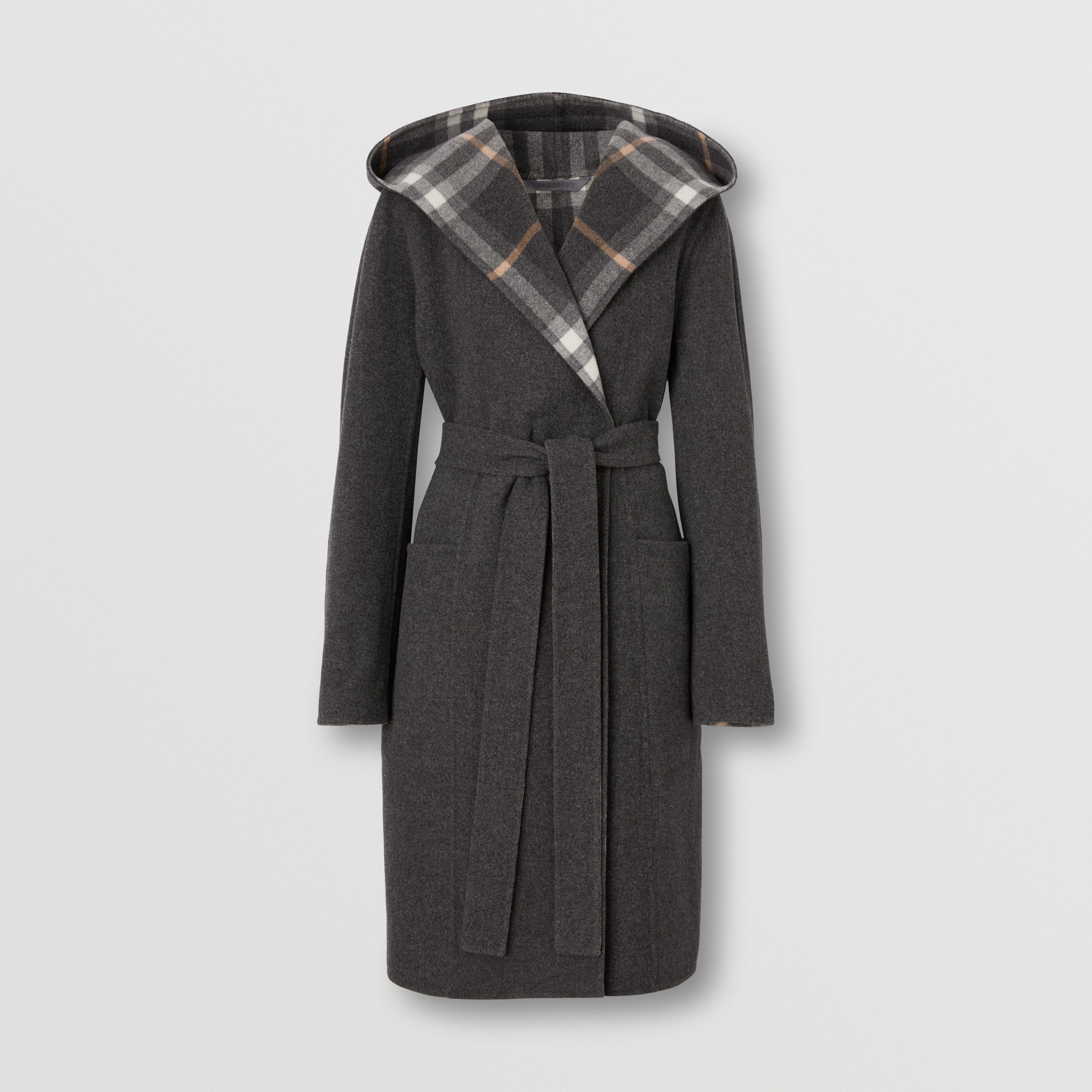 Check Detail Wool Hooded Wrap Coat in Charcoal/grey - Women | Burberry® Official - 4