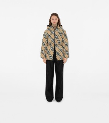 Reversible Check Nylon Hooded Puffer Jacket in Sand - Women