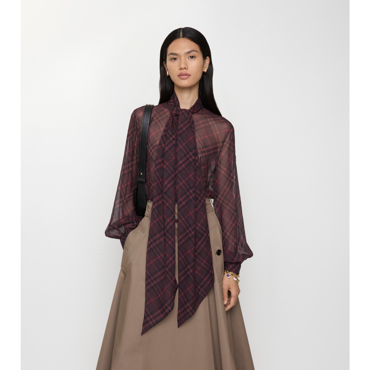 Check Silk Scarf Blouse in Wine red - Women | Burberry® Official