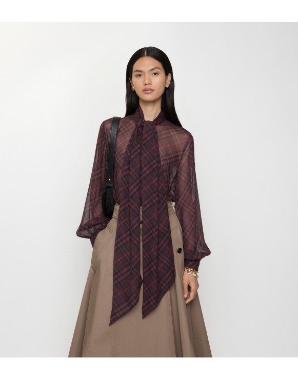 Check Silk Scarf Blouse