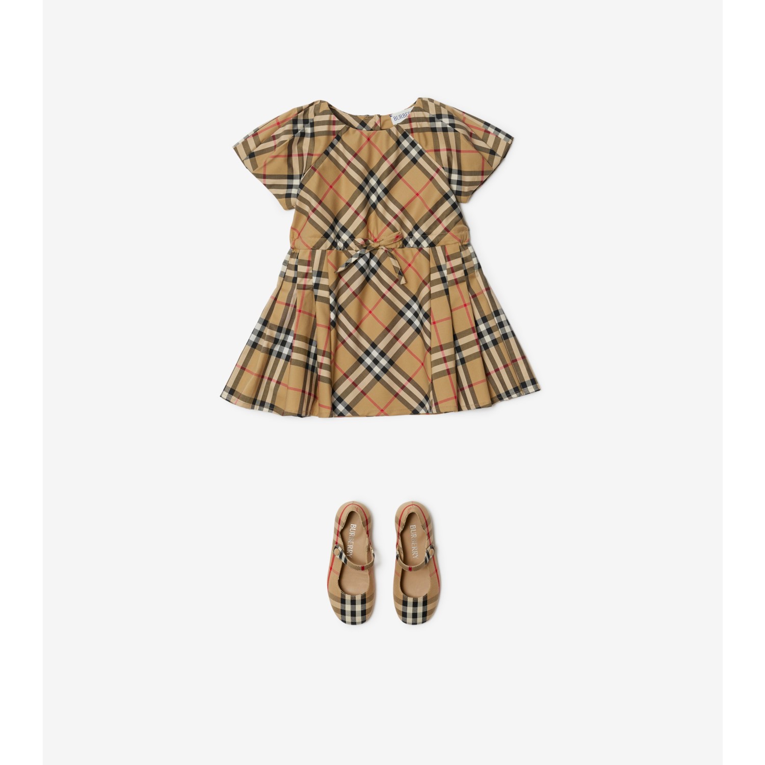 Pleated Check Stretch Cotton Dress