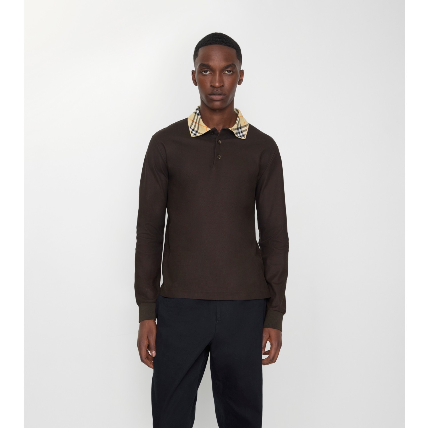 Long-sleeve Check Collar Cotton Polo Shirt