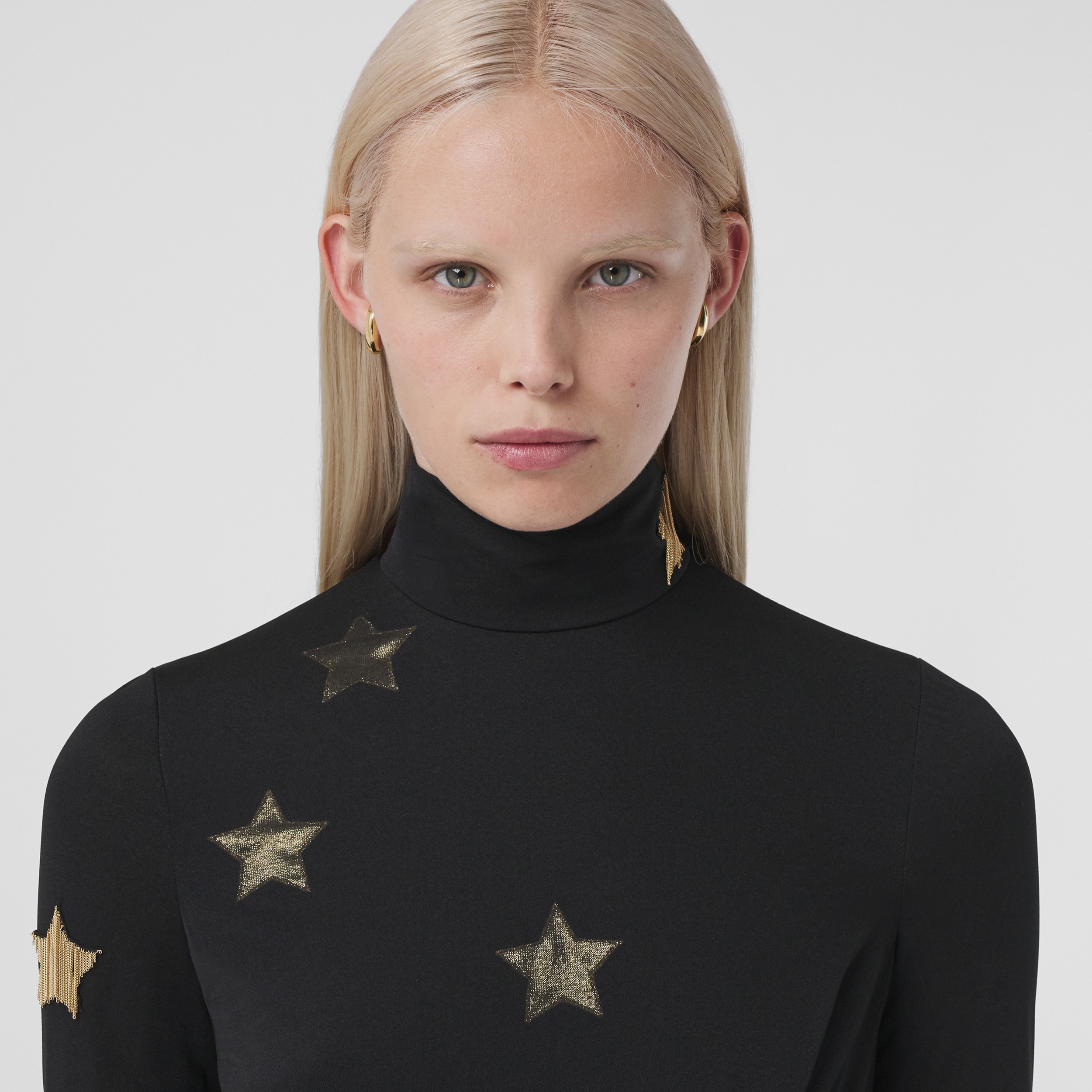 Long-sleeve Star Motif Gathered Silk Viscose Dress in Black - Women | Burberry® Official - 2