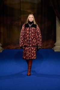 Lila Moss wearing Geranium print quilted jacket and skirt