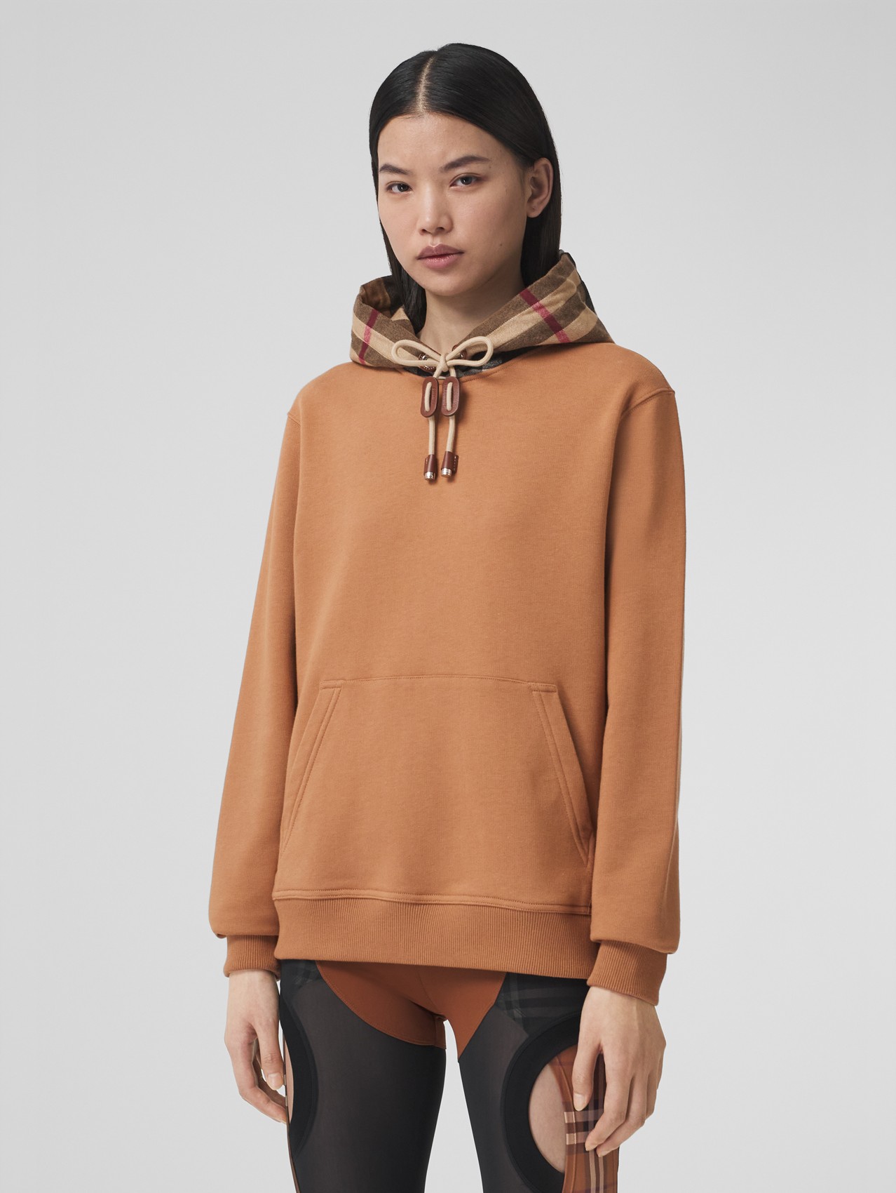 Check Hood Cotton Oversized Hoodie in Camel