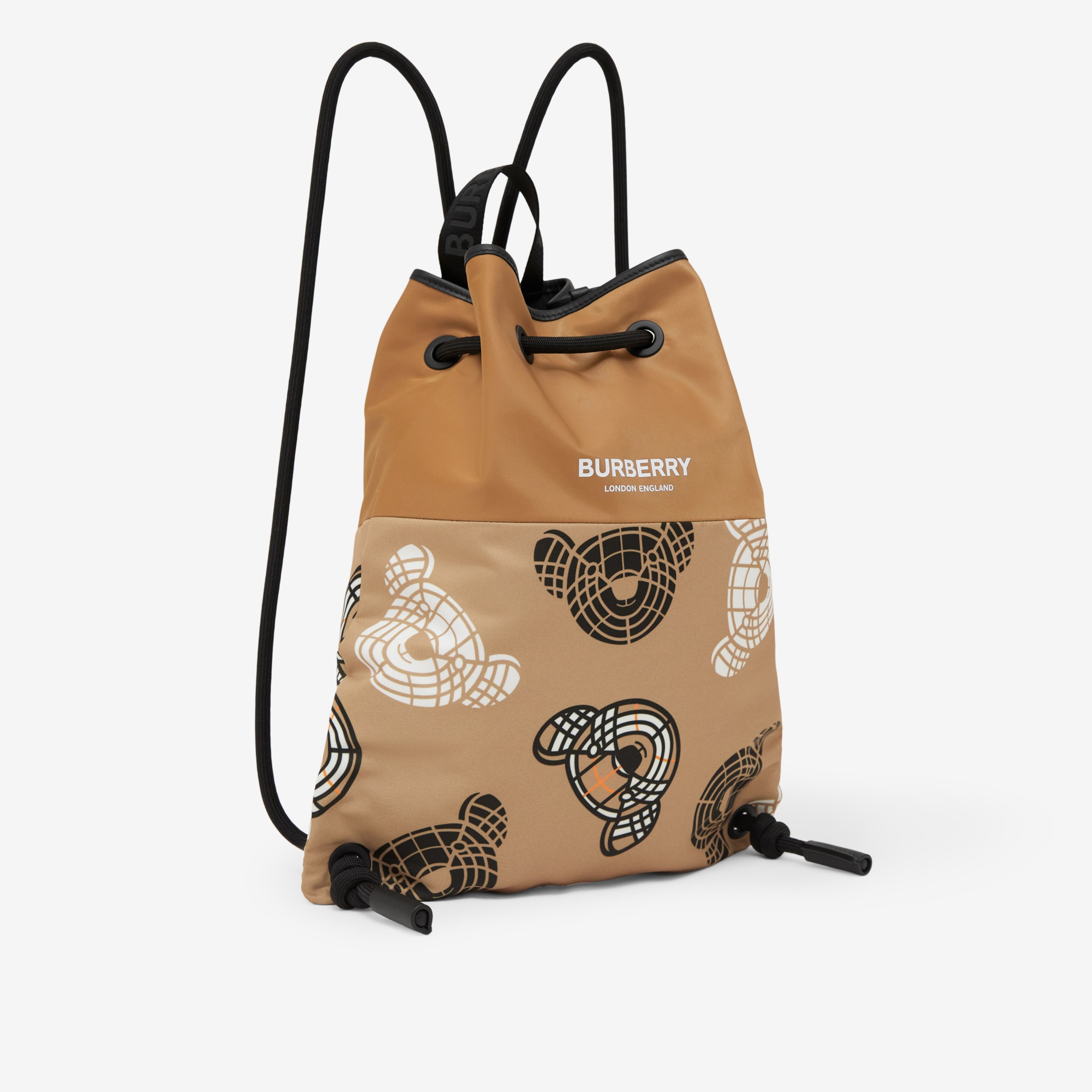 Thomas Bear Print Nylon Drawstring Backpack in Beige Children