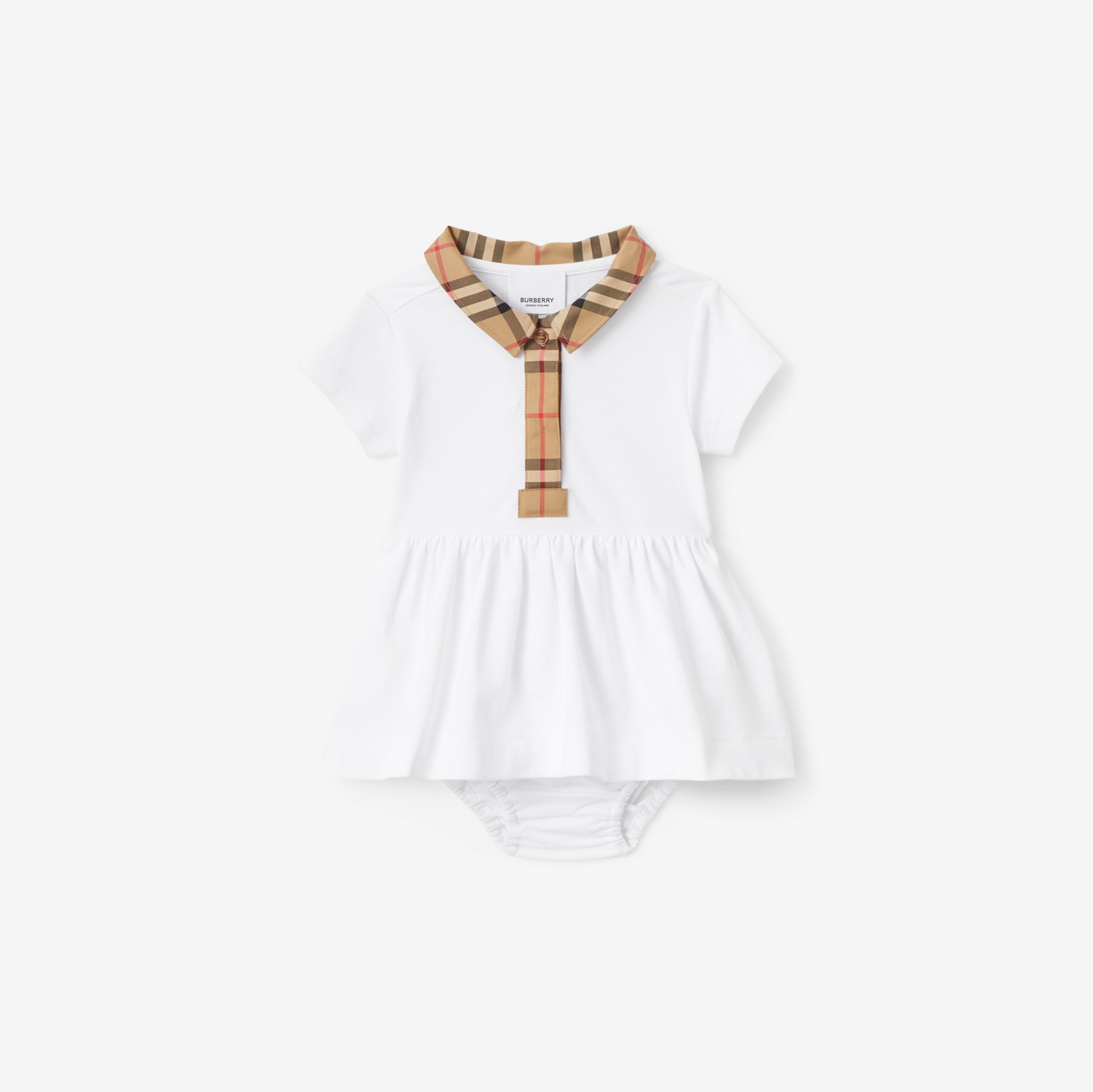 Check Trim Stretch Cotton Piqué Dress with Bloomers