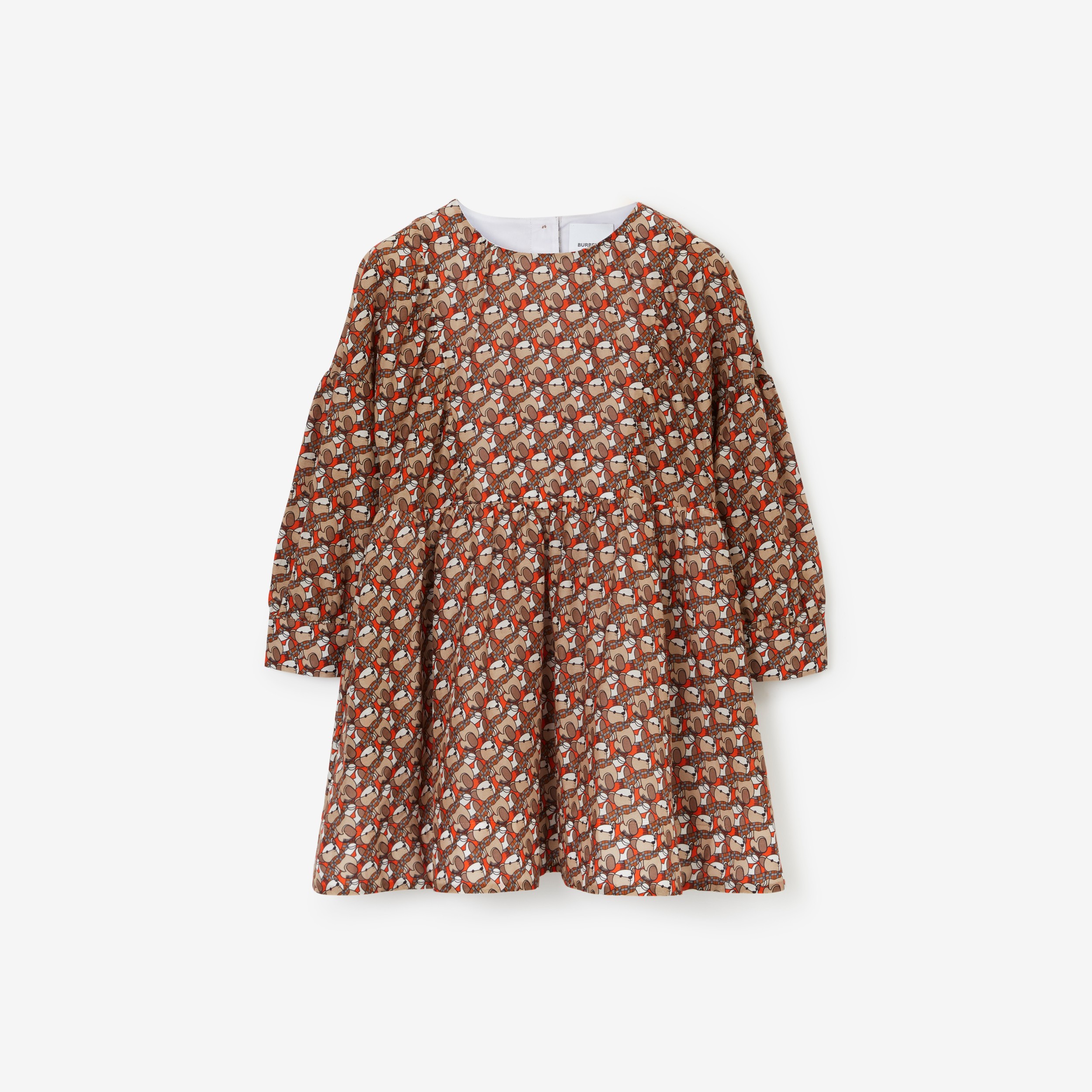 Thomas Bear Print Cotton Silk Dress in Scarlet Orange | Burberry® Official - 1