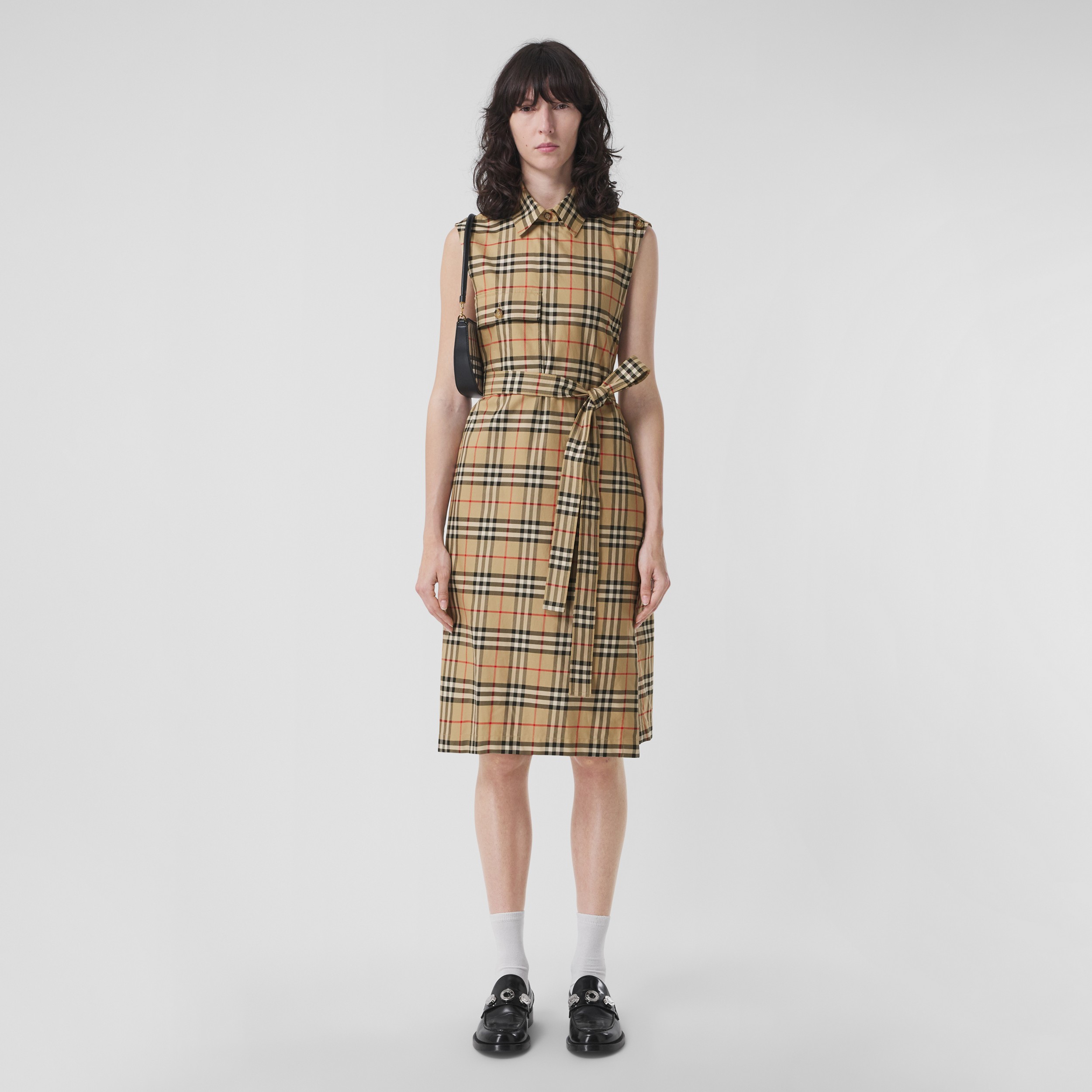 Vintage Check Sleeveless Cotton Shirt Dress in Archive Beige - Women | Burberry® Official - 1