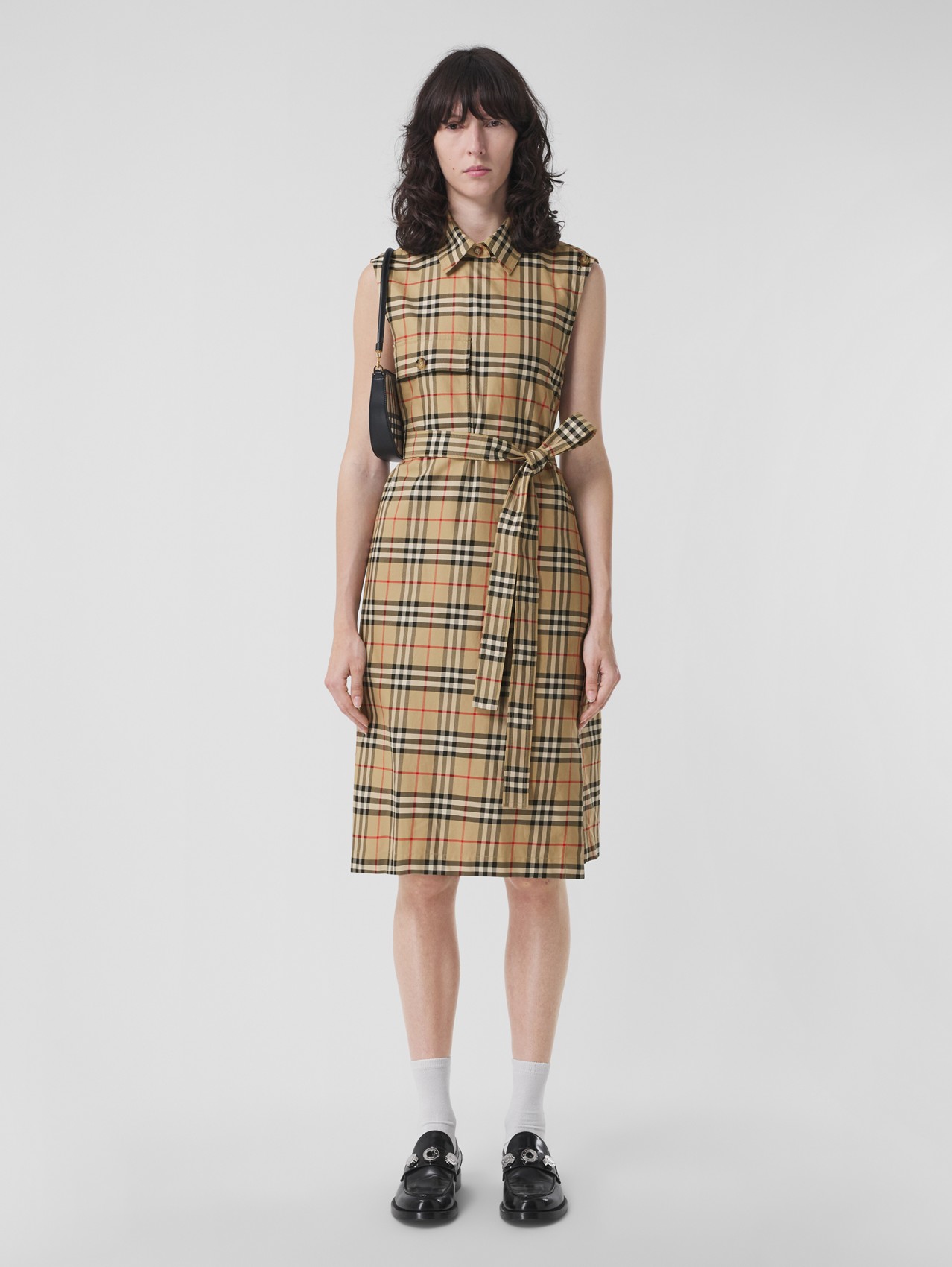 Vintage Check Sleeveless Cotton Shirt Dress in Archive Beige