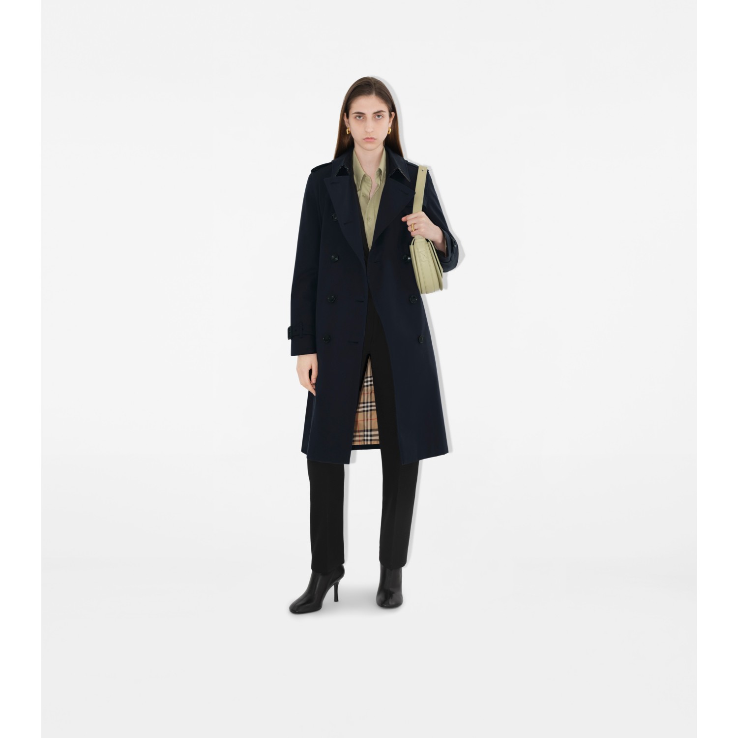 Long Kensington Heritage Trench Coat in Coal blue Women Cotton Gabardine Burberry Official