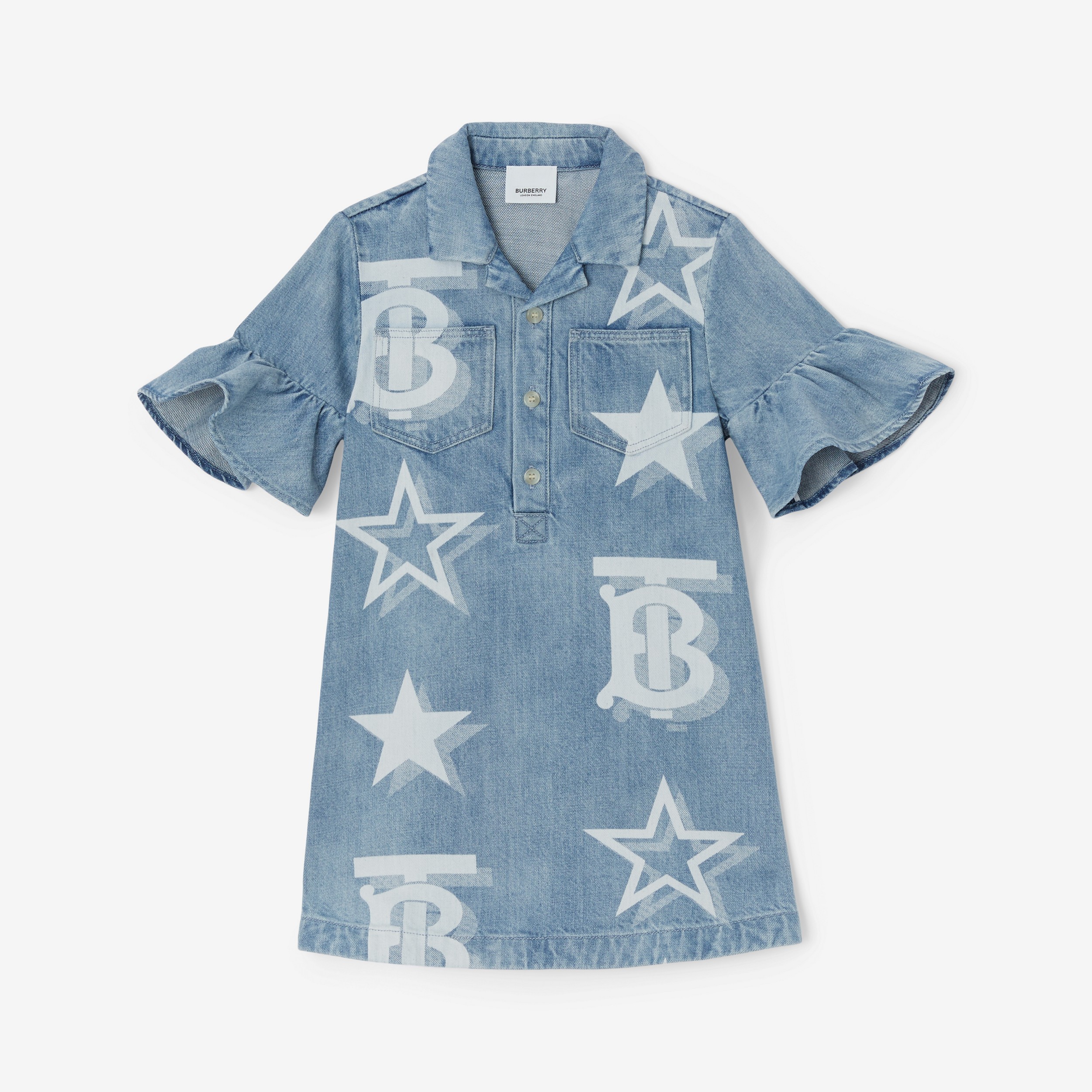 Vestido em jeans japonês com estampa de estrelas e TB (Azul Claro) | Burberry® oficial - 1