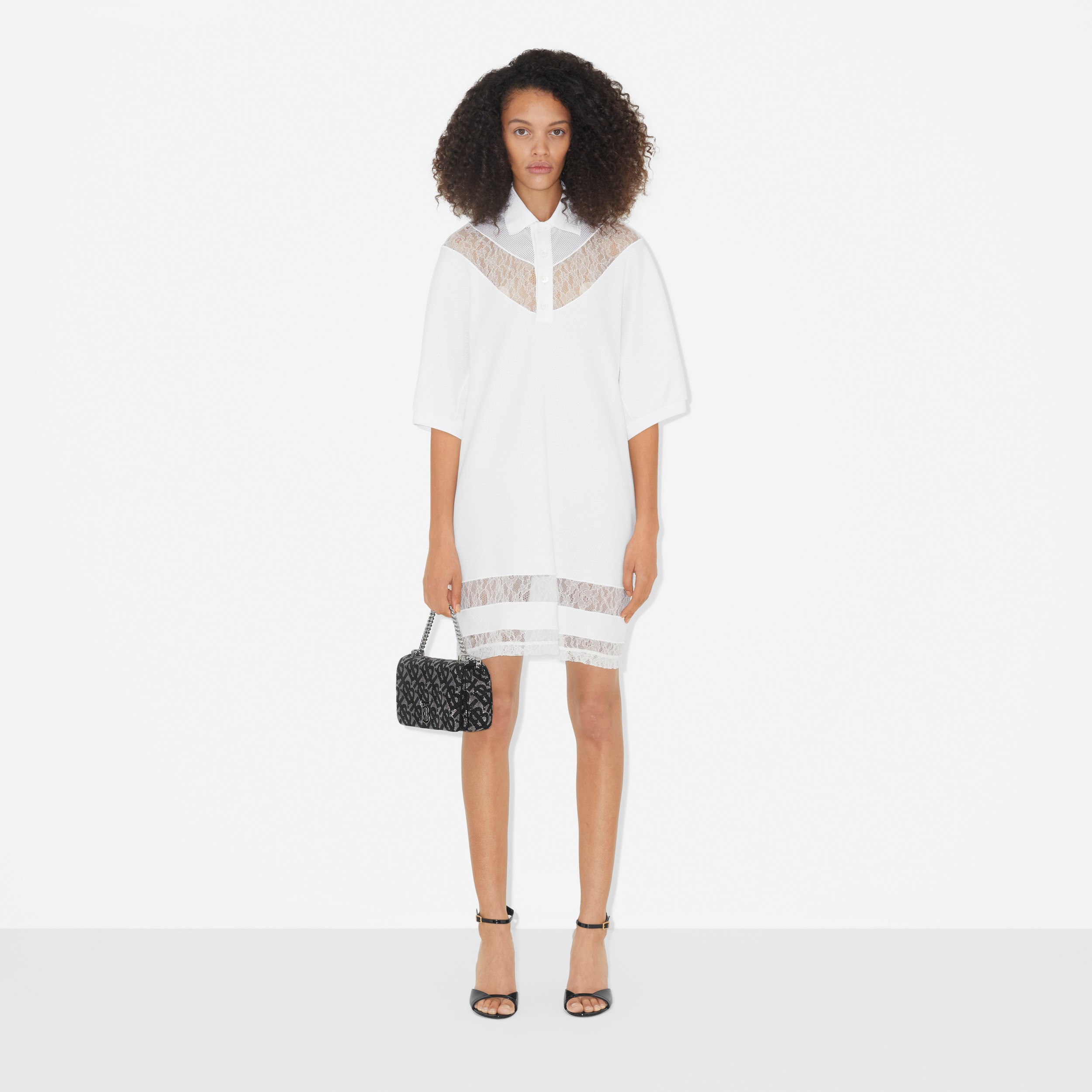Lace Panel Cotton Piqué Polo Shirt Dress in Optic White - Women | Burberry® Official - 2