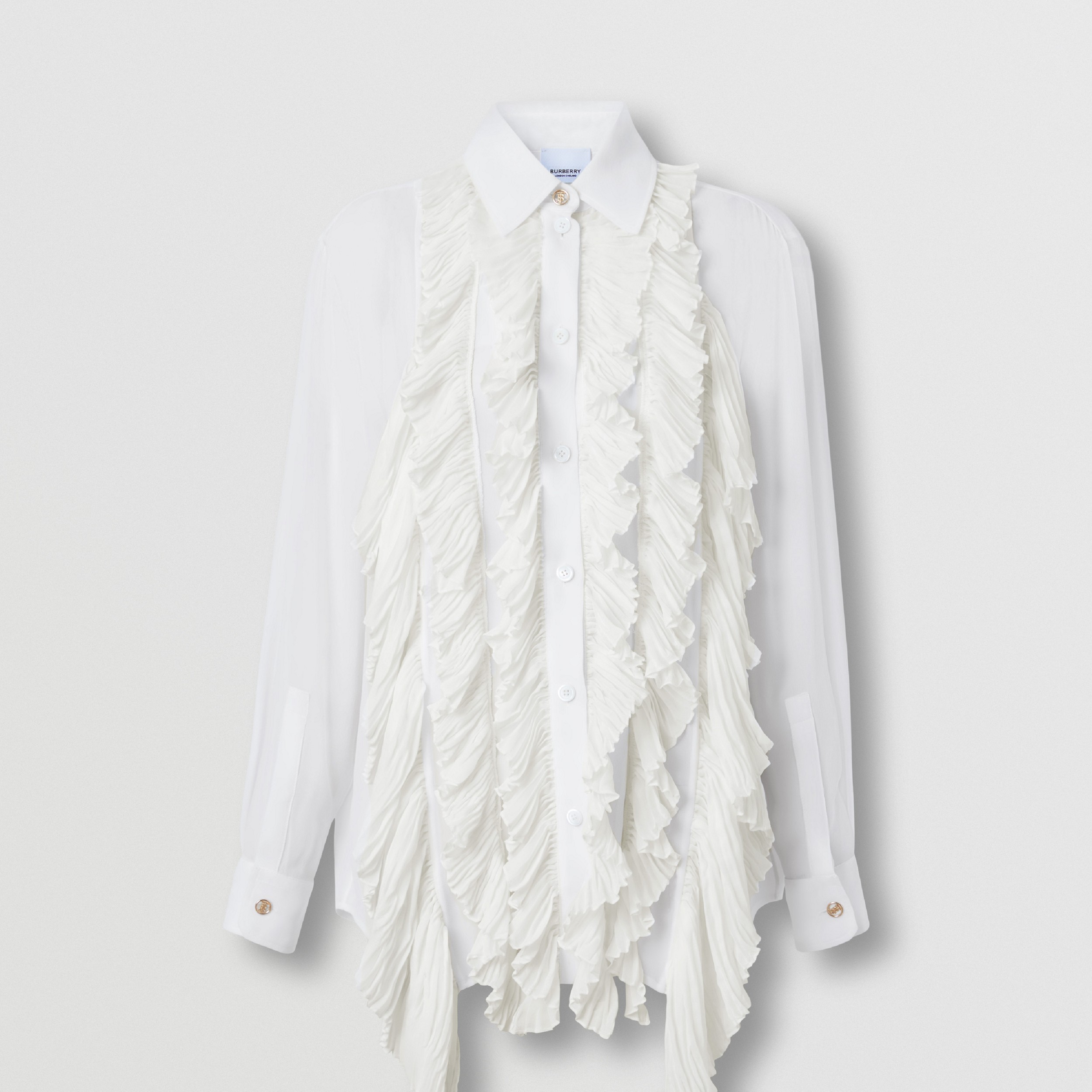 Camisa de georgette de seda com detalhe de babado plissado (Branco Natural) - Mulheres | Burberry® oficial - 4