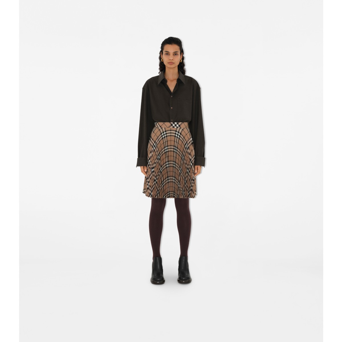  Check Pleated Wool Blend Skirt