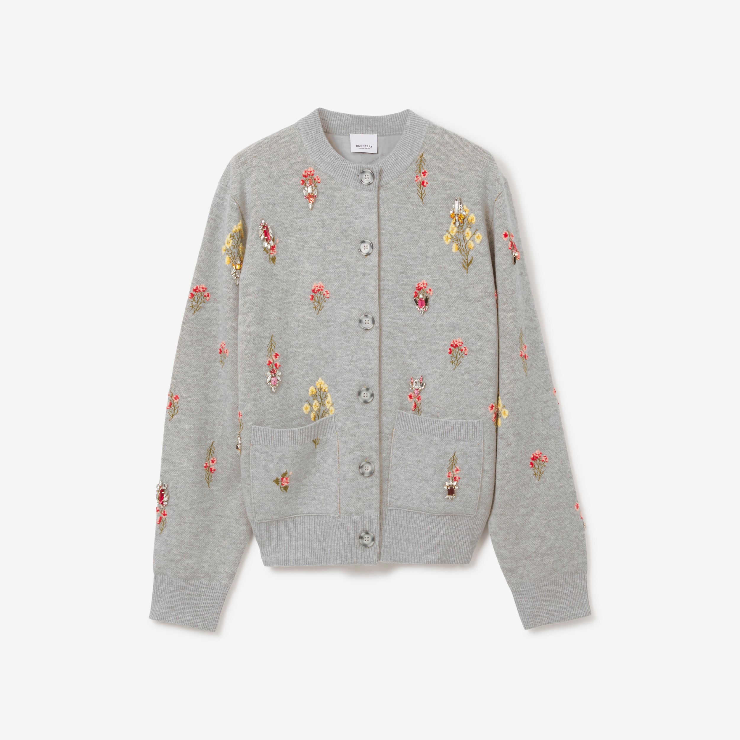 Crystal Embroidered Floral Wool Blend Cardigan in Parchment Grey - Women | Burberry® Official - 1