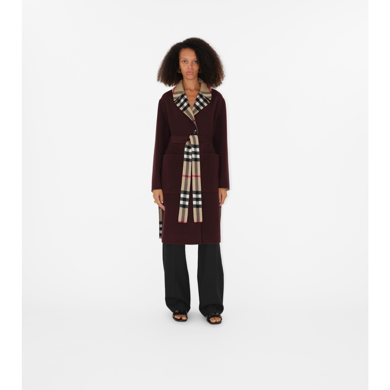 Reversible Check Wool Coat in Plum/archive beige - Women, Cashmere