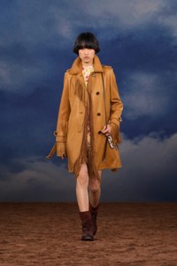 Burberry SS26 Show model Asako Sato wearing a Fringed leather car coat and Waxed suede Ledger boots