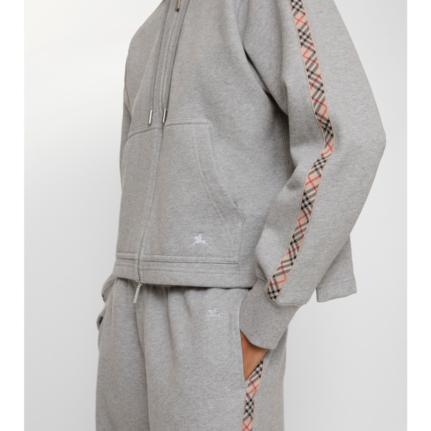 Check Trim Cotton Zip Hoodie