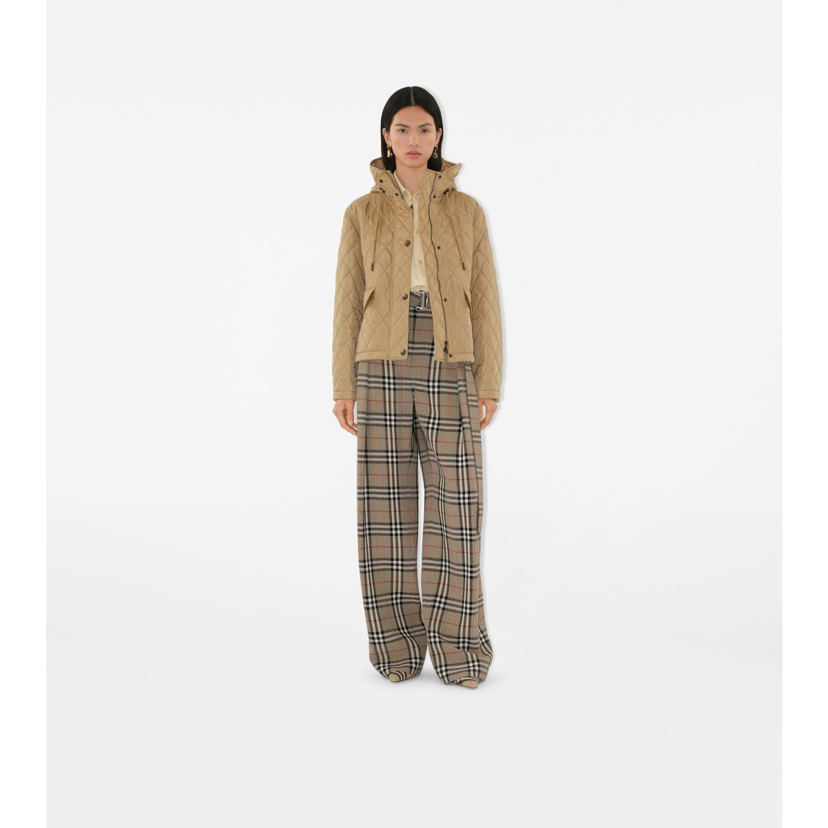  Check Cropped Quilted Nylon Hooded Jacket