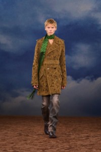 Burberry SS26 Show model Louis Cazemage wearing a Paisley perforated suede trench coat and Leather Tone boots