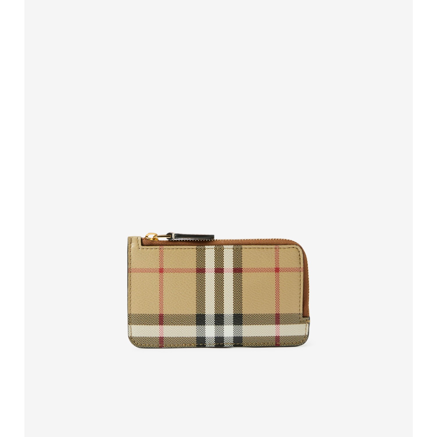 Check and Leather Zip Card Case in Archive Beige - Women