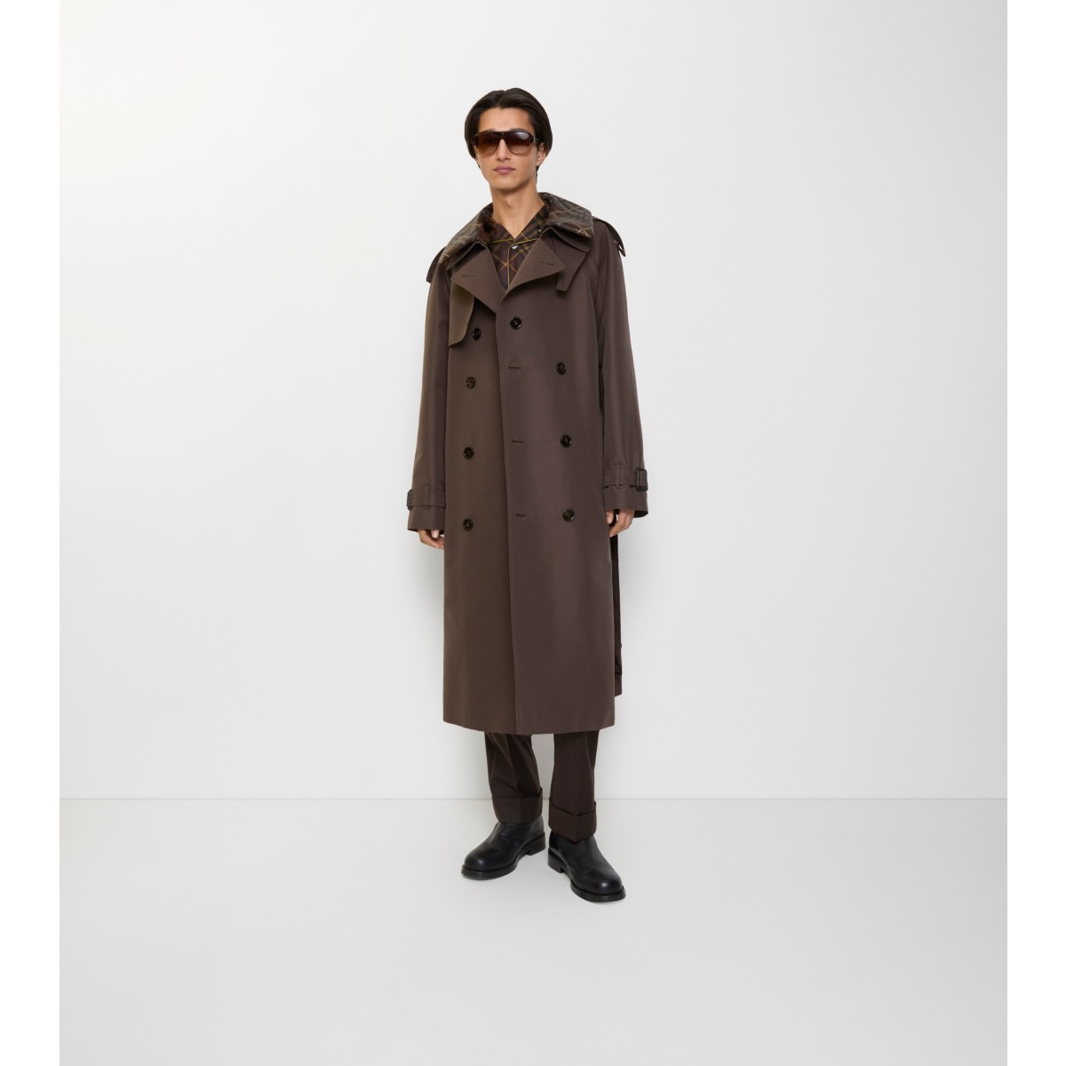  Check Long Collar Silk Cotton Trench Coat