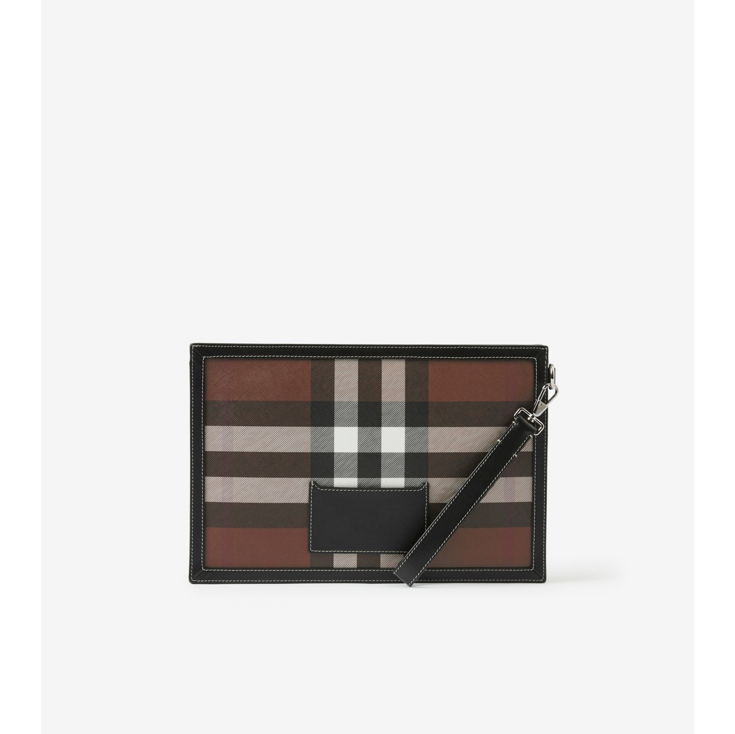 Check and Leather Zip Pouch in Dark Birch Brown