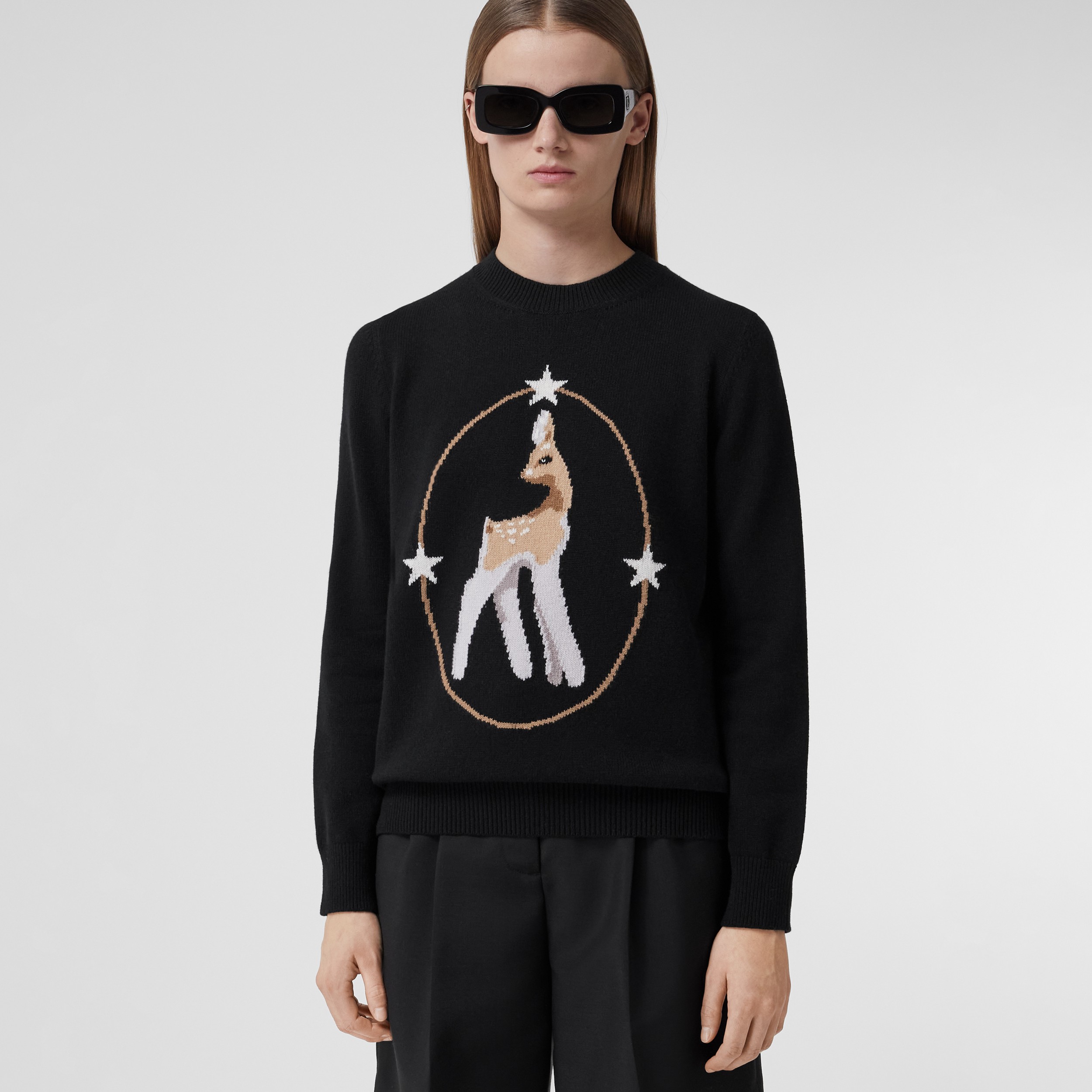 Deer Graphic Intarsia Wool Cashmere Blend Sweater in Black - Women | Burberry® Official - 1