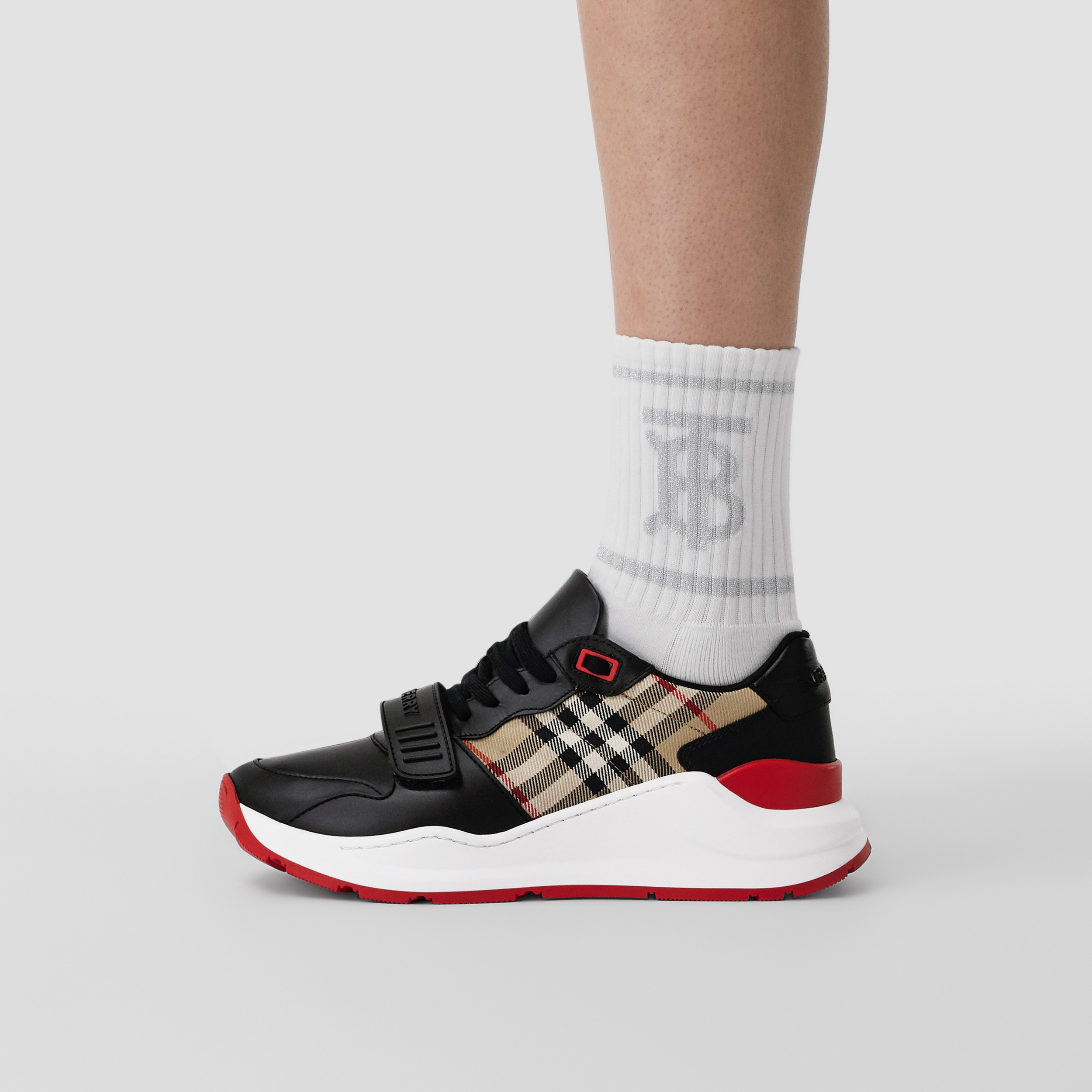 Leather and Vintage Check Cotton Sneakers in Black/archive Beige - Women | Burberry® Official - 3