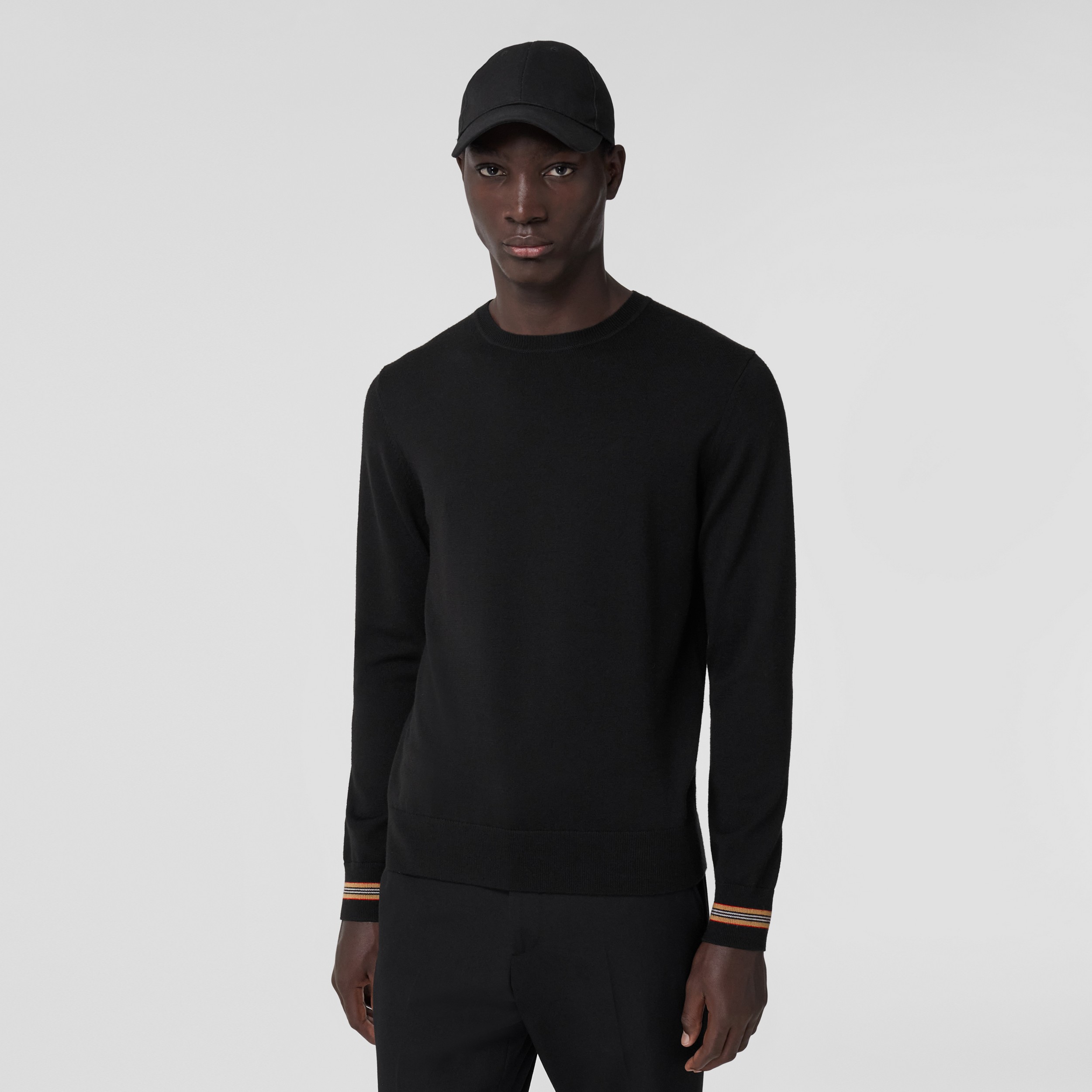 Icon Stripe Trim Wool Sweater in Black - Men | Burberry® Official - 1
