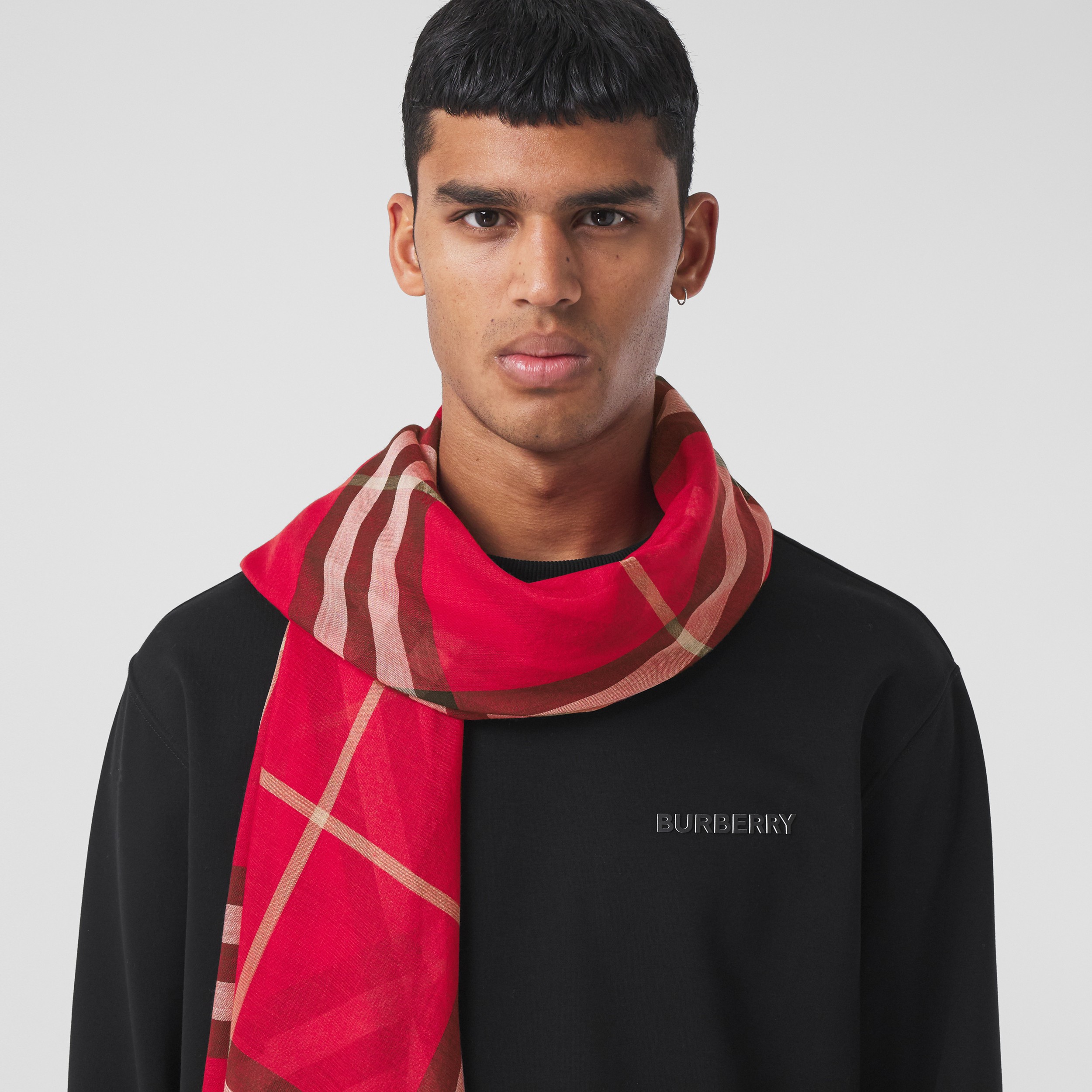Lightweight Check Wool Silk Scarf in Bright Red/black | Burberry® Official - 4