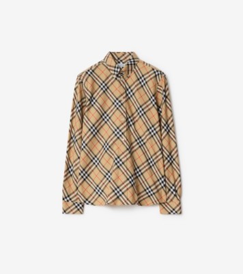 ★Burberry★ Beige チェック柄 コットン スウェットシャツ Relaxed Fit Check Cotton Shirt in Sand beige - Men