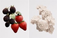 Split image shot of a raspberries on the left and flowers on the right