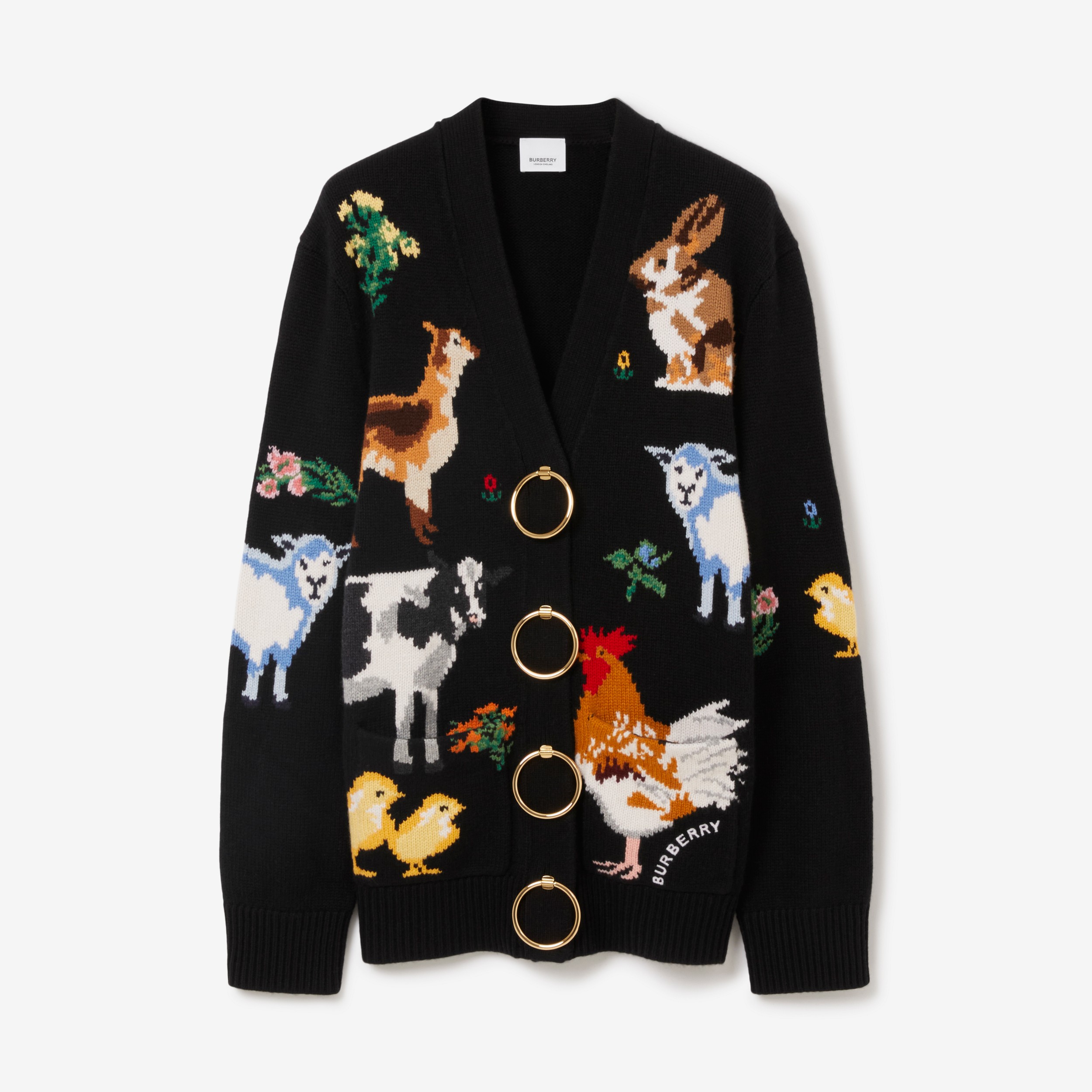 Animal Intarsia Wool Cashmere Cardigan in Black - Women | Burberry® Official - 1