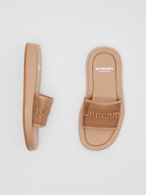 BURBERRY EMBROIDERED LOGO MESH AND LEATHER SLIDES