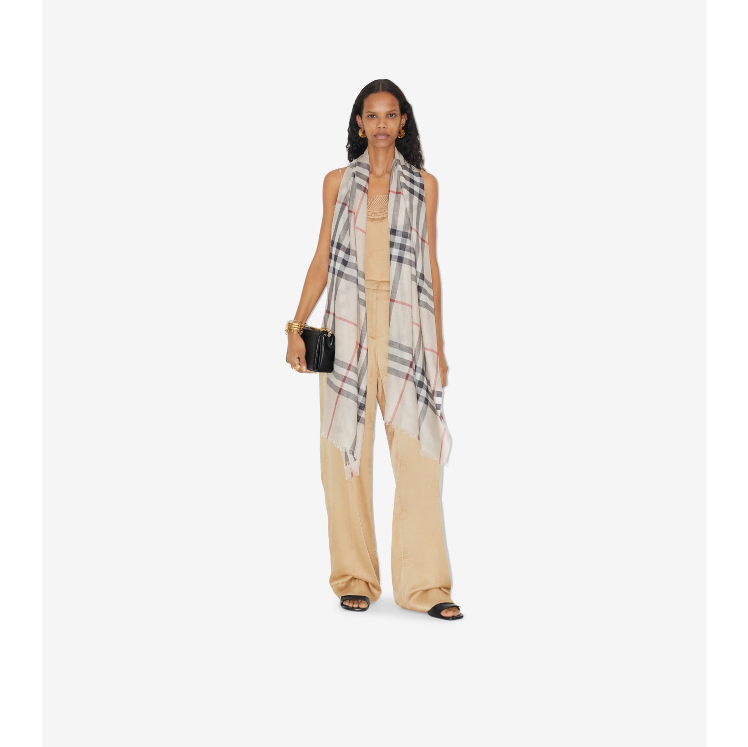 Check Lightweight Wool Silk Scarf in Stone Burberry Official