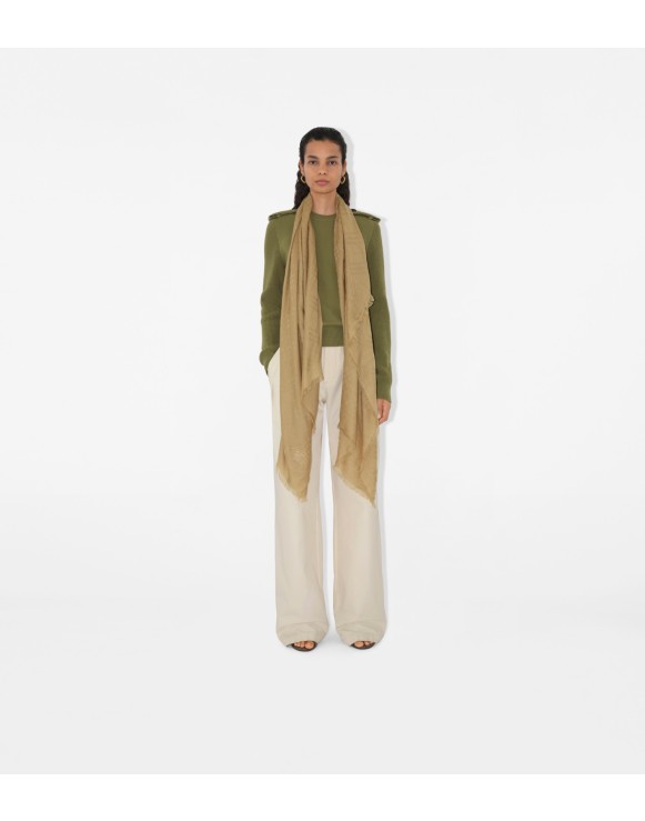 Wide Check Wool Silk Scarf