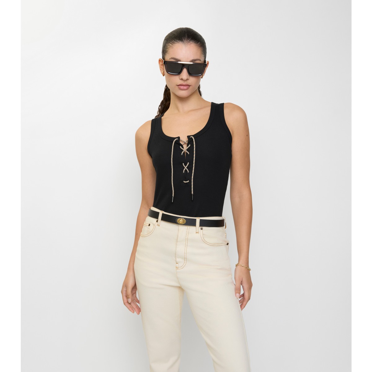  Check Trim Cotton Blend Tank Top