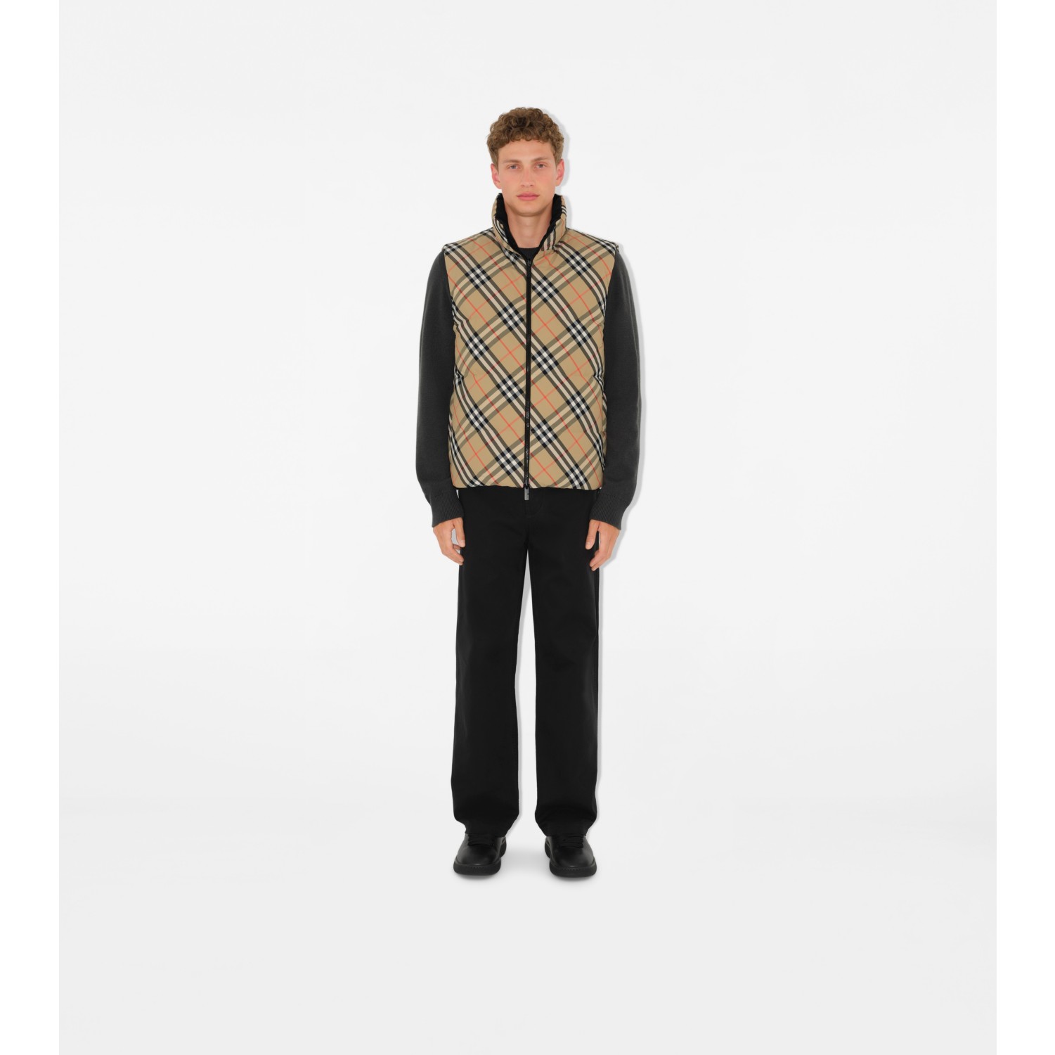 Reversible Check Nylon Padded Gilet in Sand Men Burberry Official