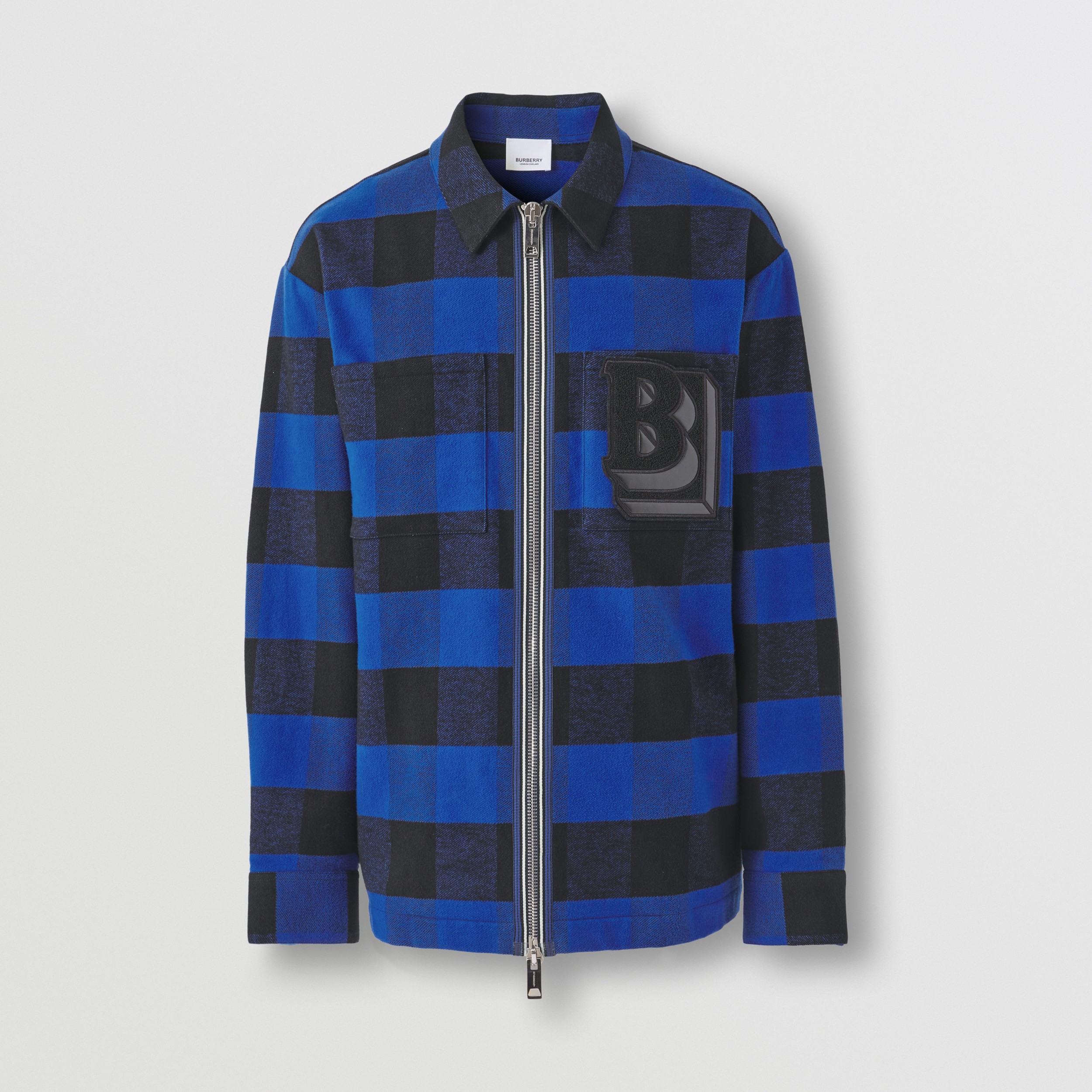 Letter Graphic Gingham Cotton Flannel Zip-front Shirt in Oceanic Blue - Men | Burberry® Official - 4