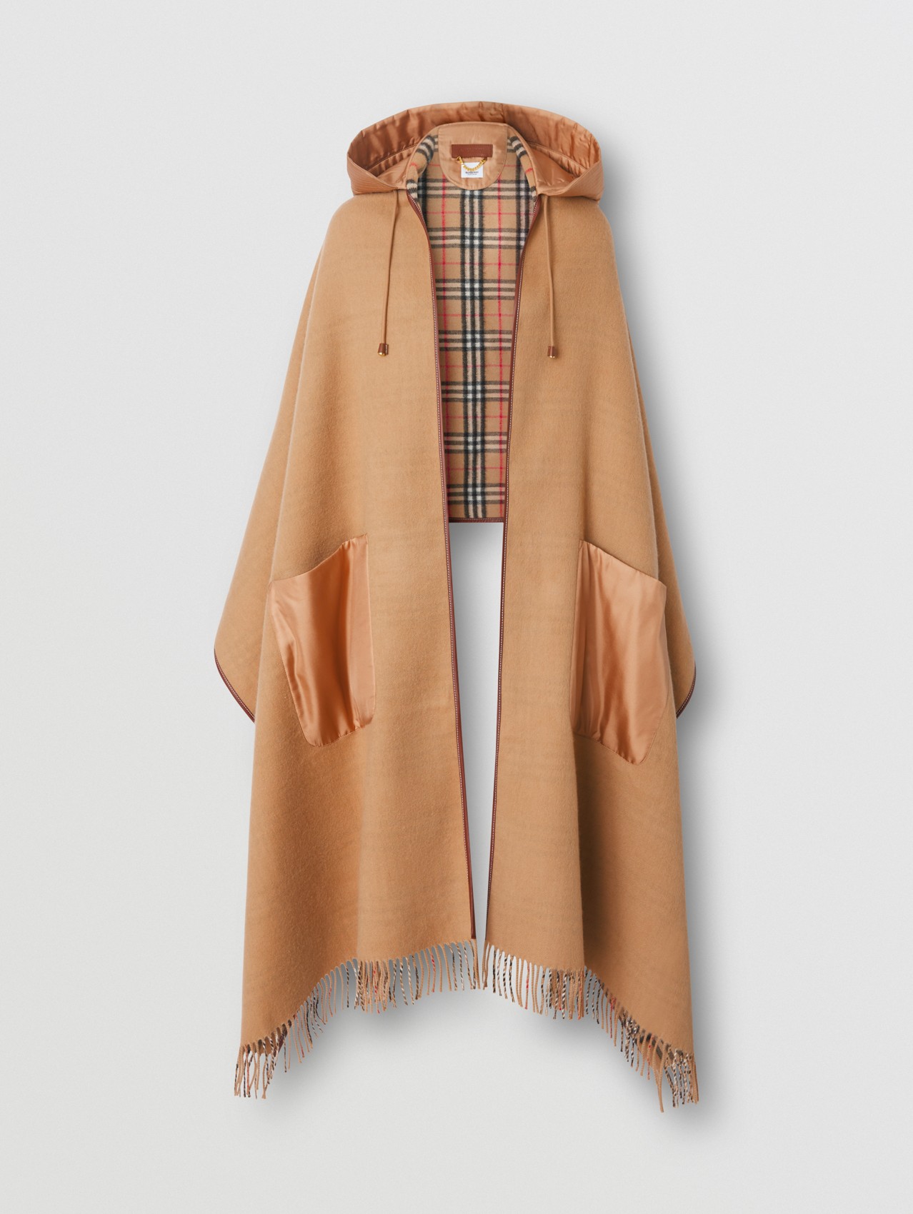 Capa en cachemir y lana con capucha y paneles a contraste (Beige Vintage)