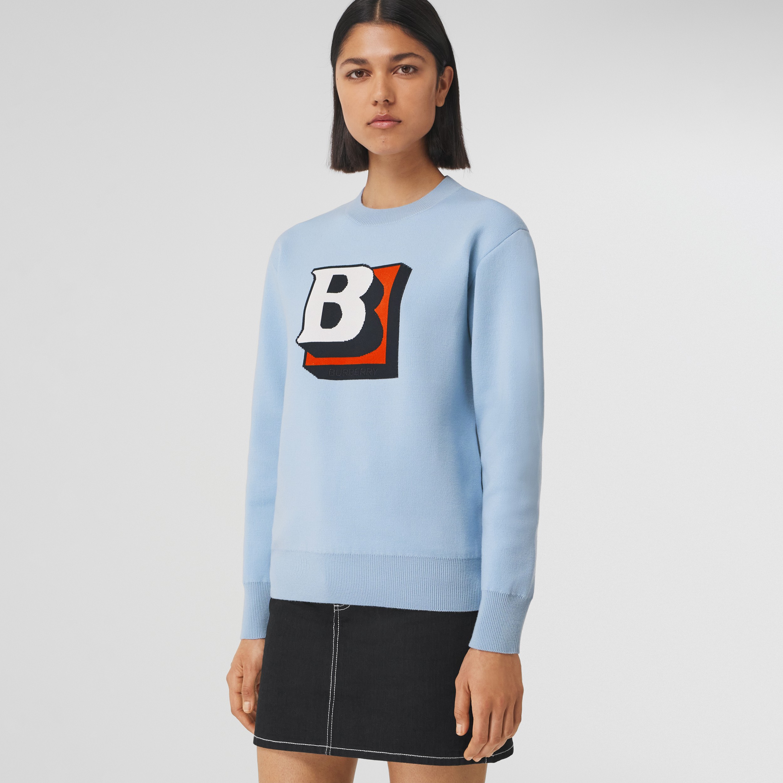 Letter Graphic Technical Wool Jacquard Sweater in Pale Blue - Women | Burberry® Official - 1