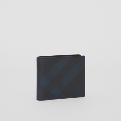 London Check and Leather International Bifold Wallet in Navy - Men 